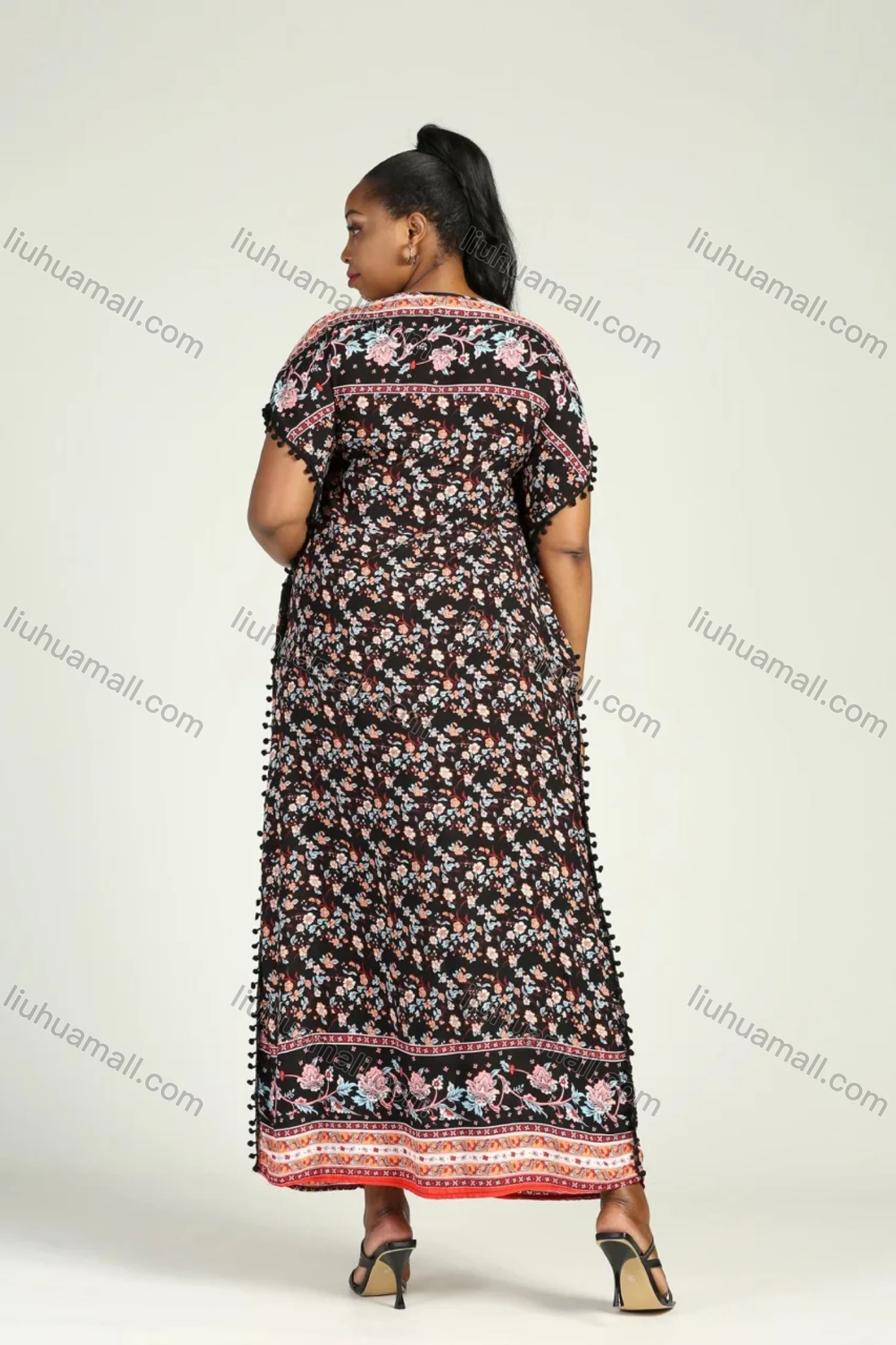 Wholesale Women's Allover Floral Print Embroidery Notched Neck Wrap African Maxi Dress - Liuhuamall