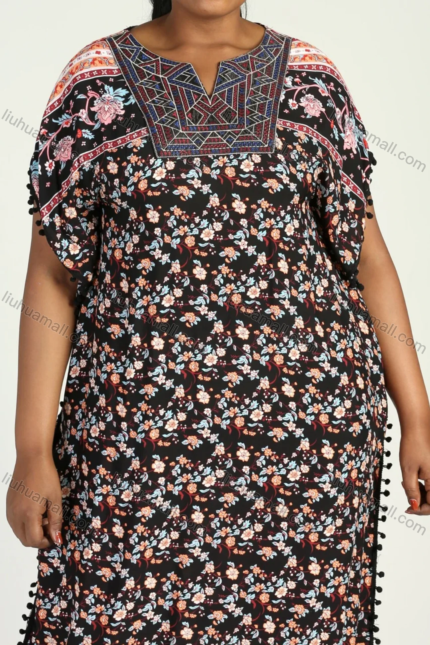 Wholesale Women's Allover Floral Print Embroidery Notched Neck Wrap African Maxi Dress - Liuhuamall