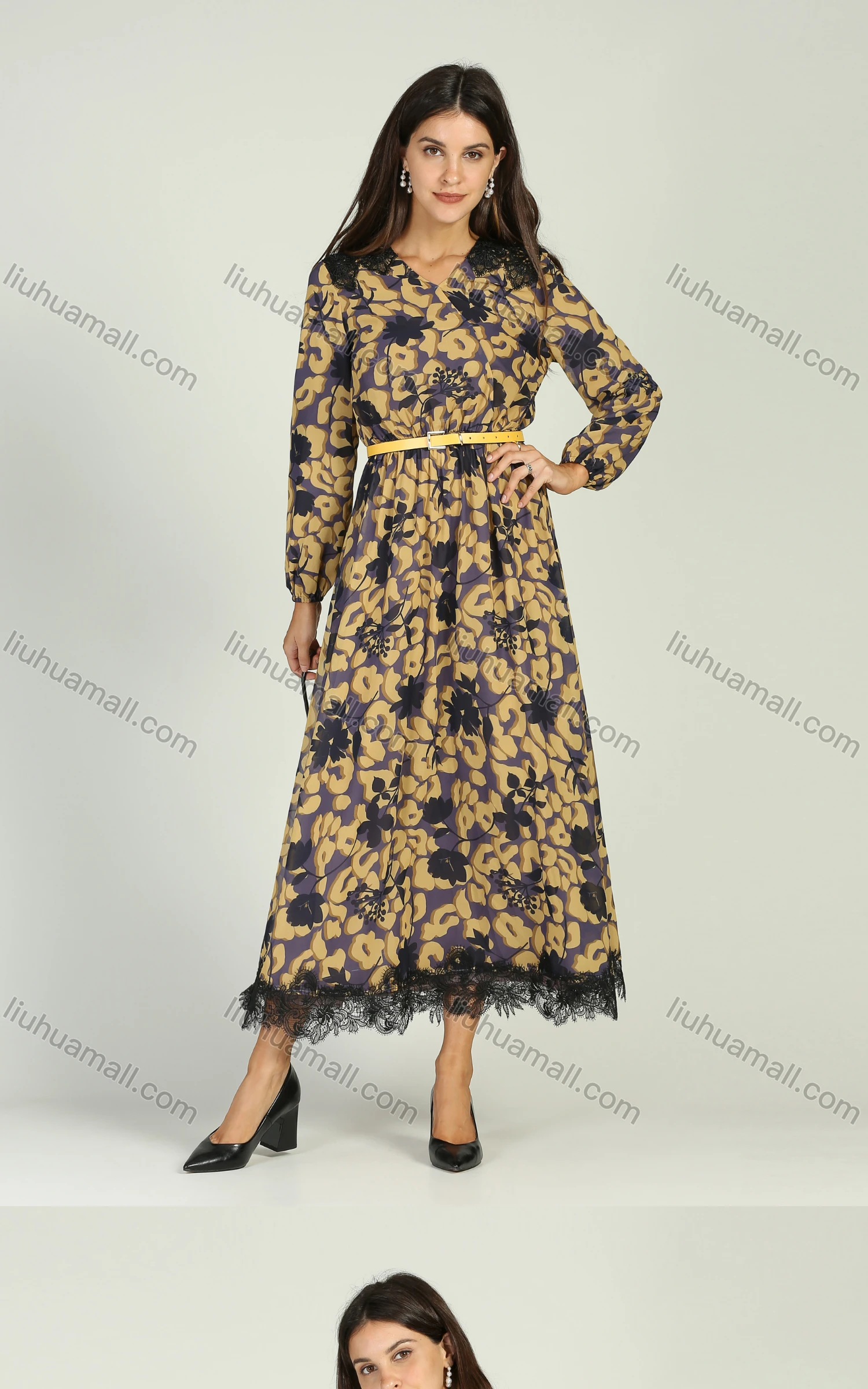 Wholesale Women's Chiffon Long Sleeve Floral Print V-Neck Lace Trim Wrap Maxi Dress With Belt - Liuhuamall