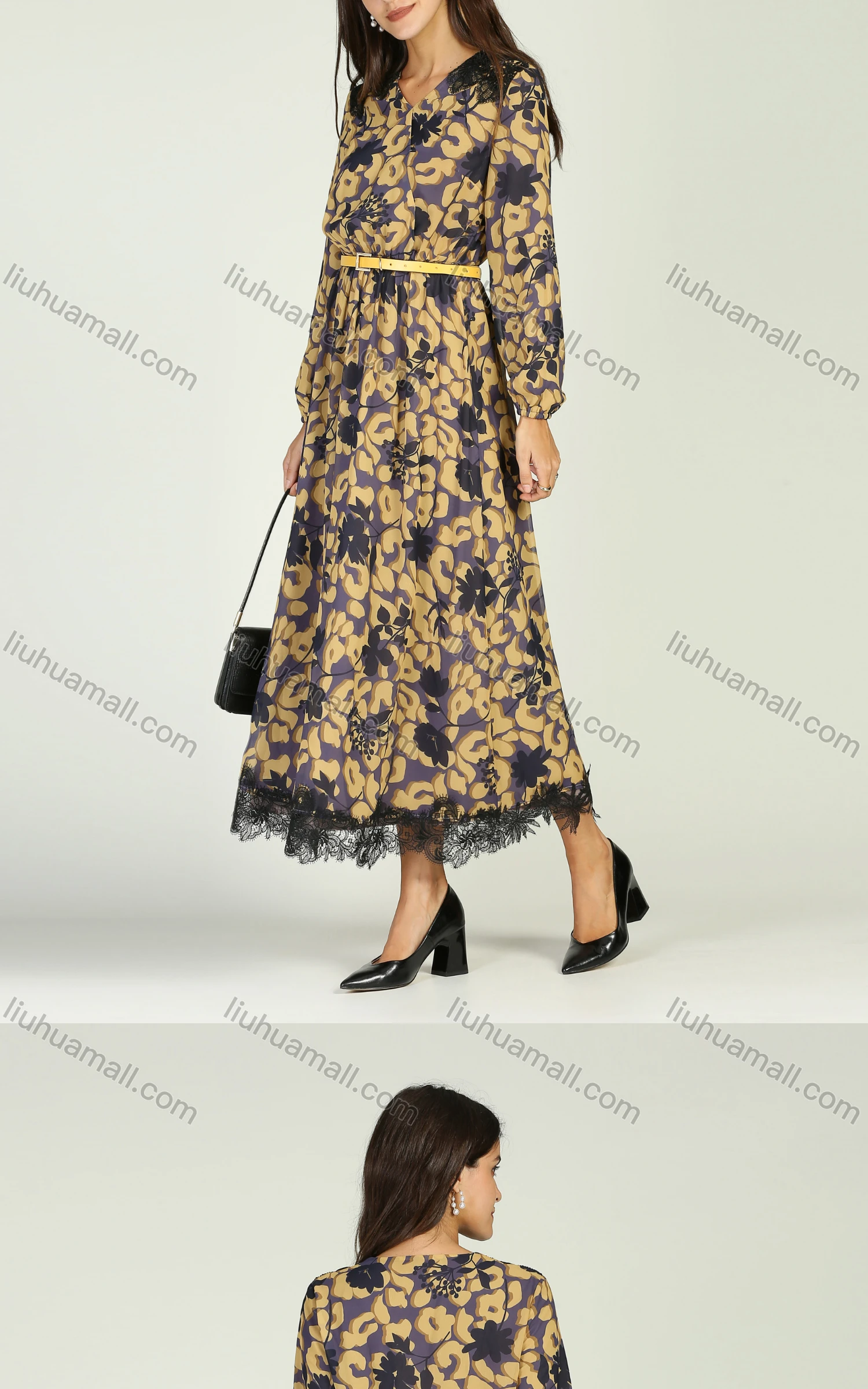 Wholesale Women's Chiffon Long Sleeve Floral Print V-Neck Lace Trim Wrap Maxi Dress With Belt - Liuhuamall