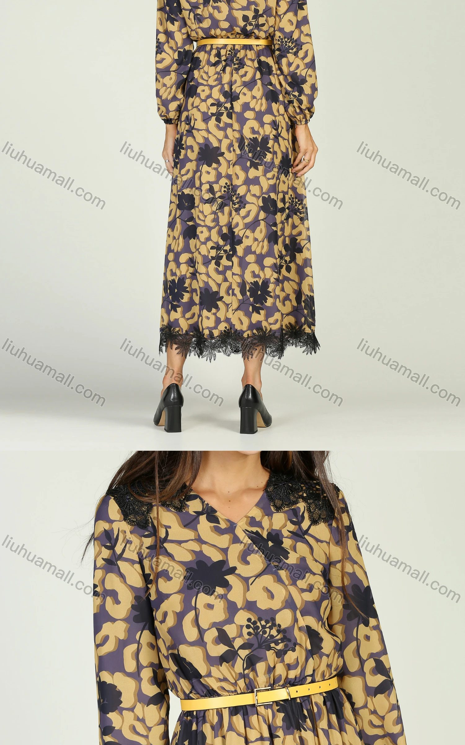 Wholesale Women's Chiffon Long Sleeve Floral Print V-Neck Lace Trim Wrap Maxi Dress With Belt - Liuhuamall