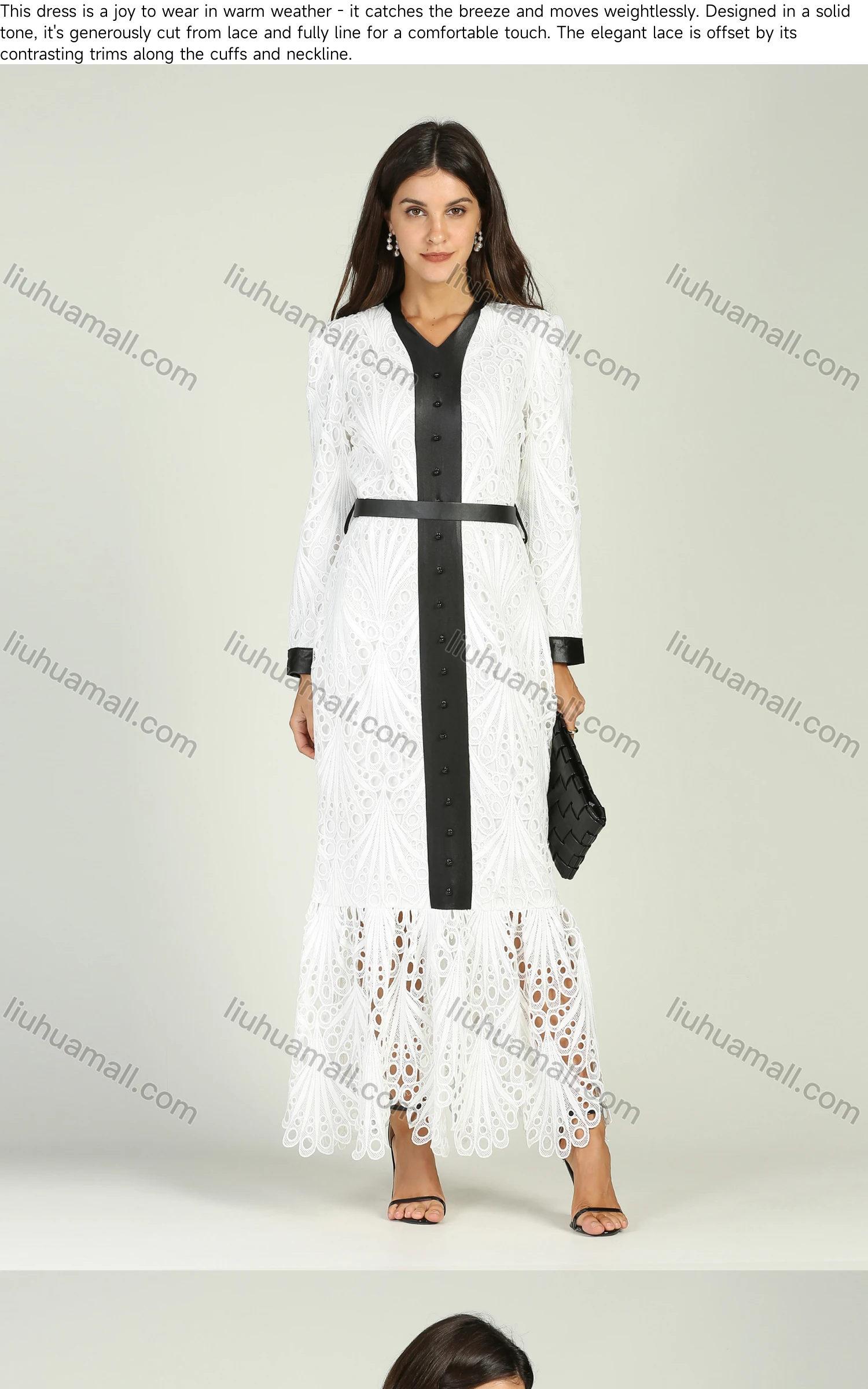 Wholesale Women's V Neck Guipure Lace Contrast Trim Maxi Dress - Liuhuamall