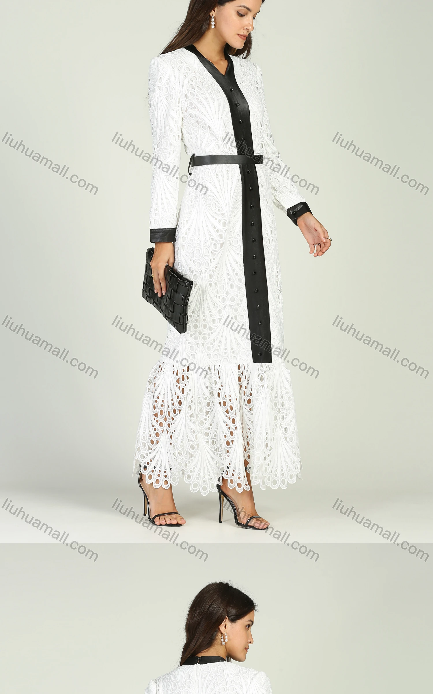 Wholesale Women's V Neck Guipure Lace Contrast Trim Maxi Dress - Liuhuamall