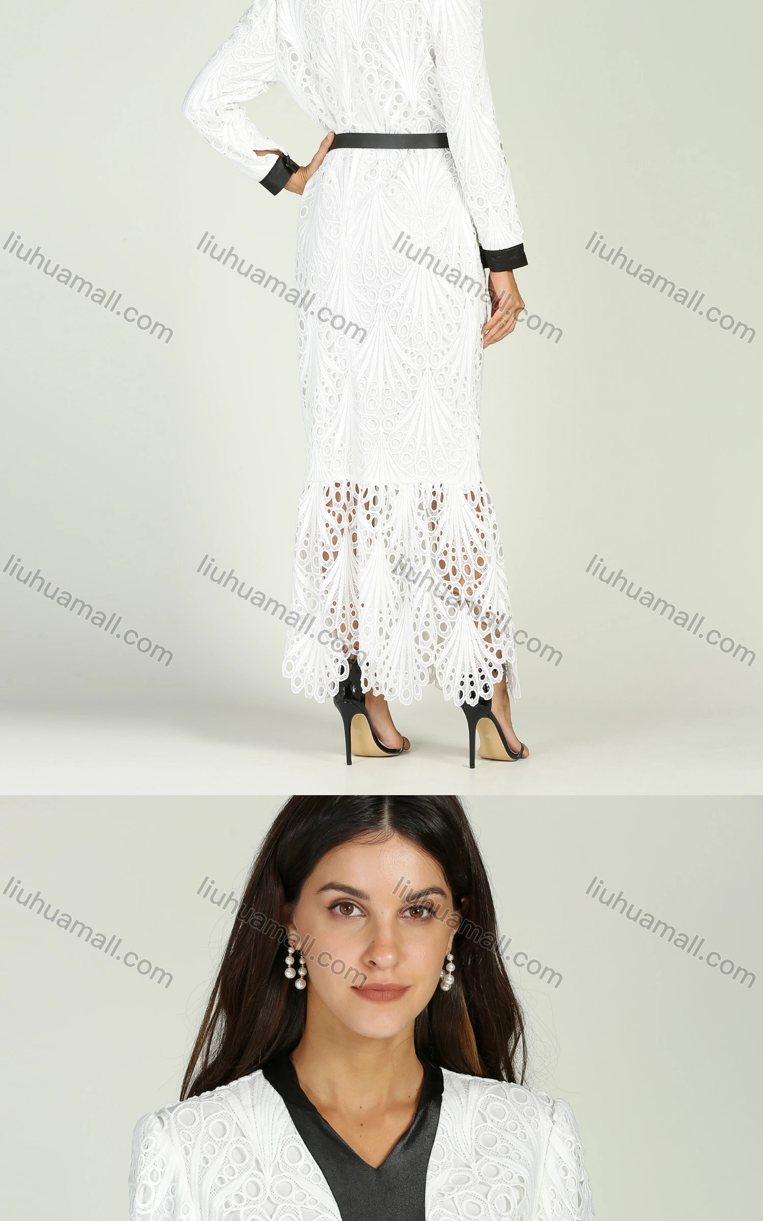 Wholesale Women's V Neck Guipure Lace Contrast Trim Maxi Dress - Liuhuamall