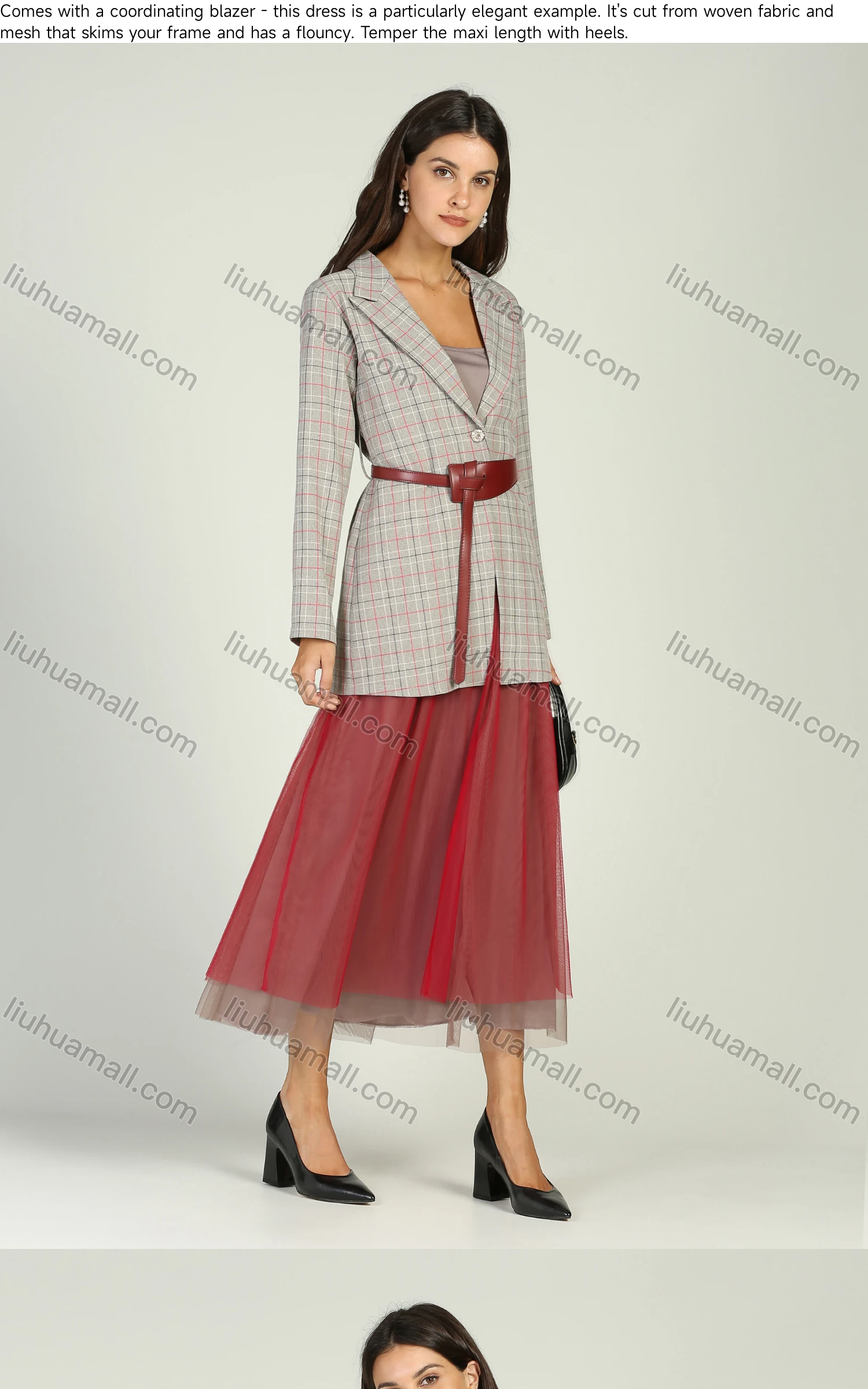 Wholesale Women's Plaid Lapel Belted Blazer With Pleated Veil Skirt 2 Piece Set - Liuhuamall