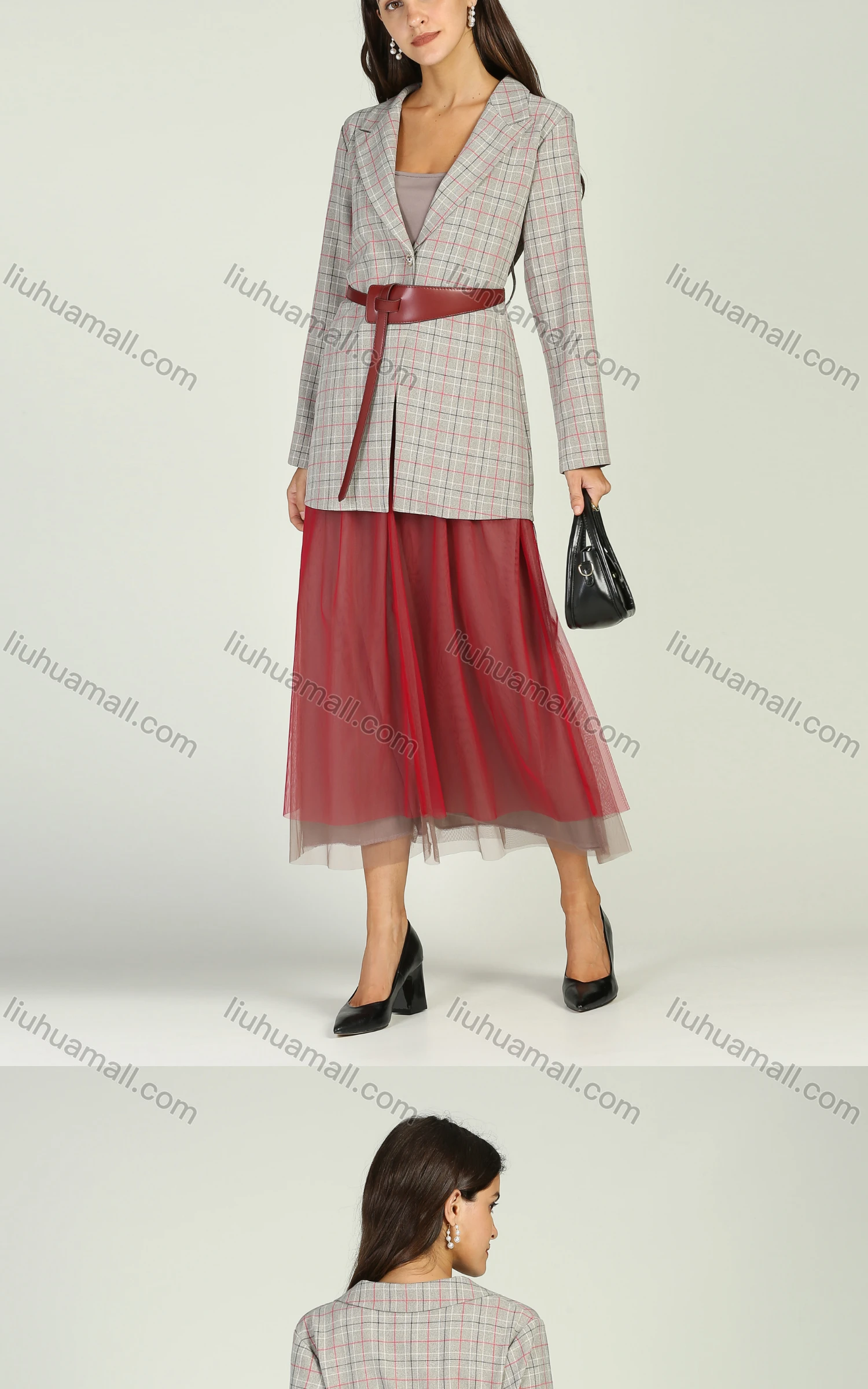 Wholesale Women's Plaid Lapel Belted Blazer With Pleated Veil Skirt 2 Piece Set - Liuhuamall