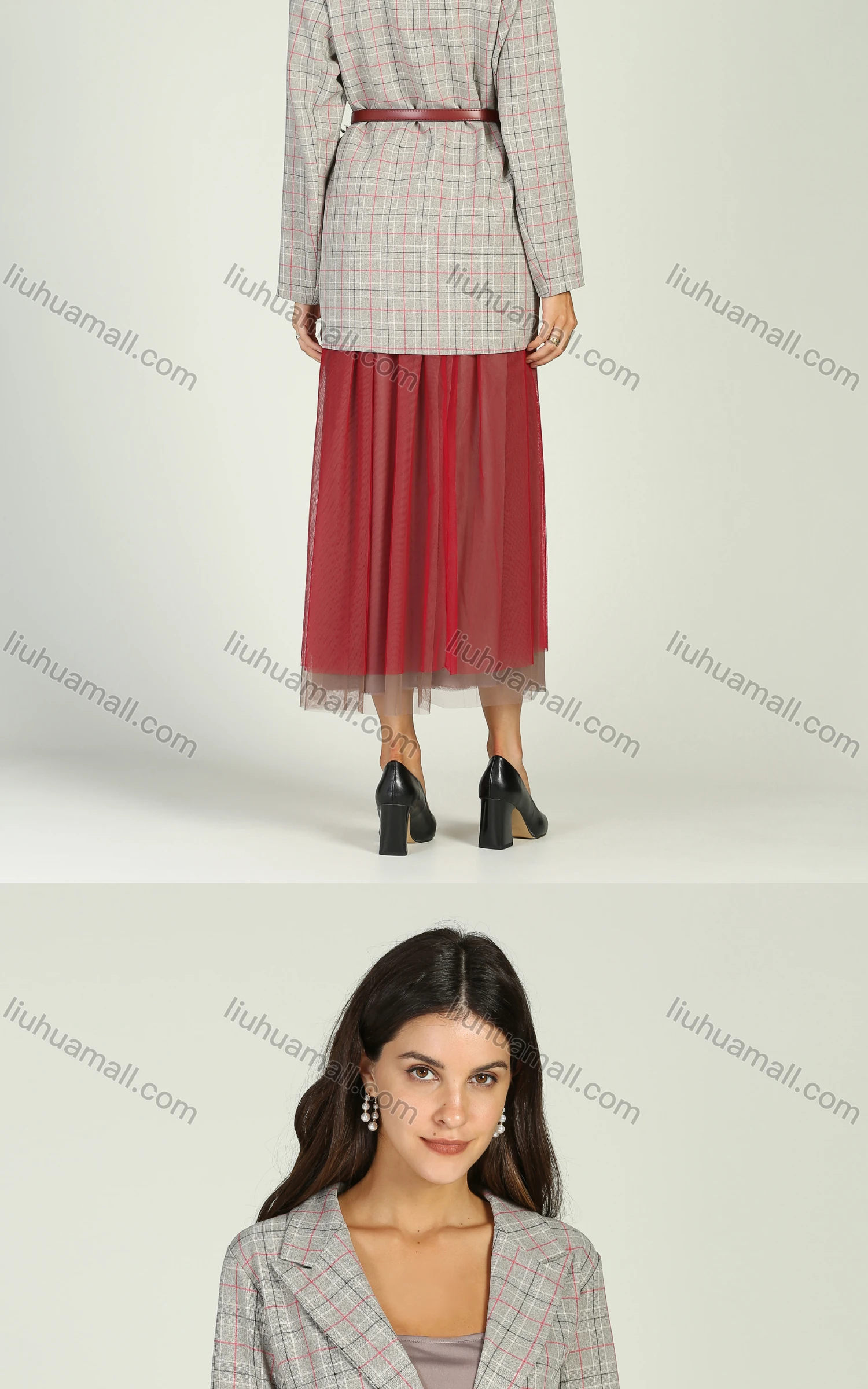 Wholesale Women's Plaid Lapel Belted Blazer With Pleated Veil Skirt 2 Piece Set - Liuhuamall