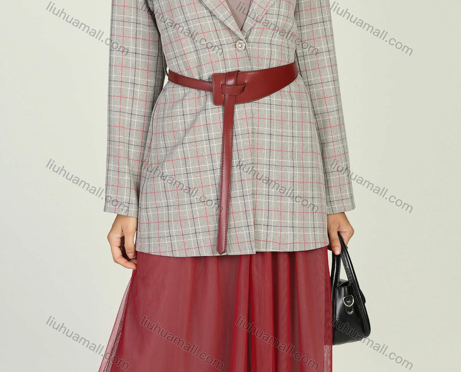 Wholesale Women's Plaid Lapel Belted Blazer With Pleated Veil Skirt 2 Piece Set - Liuhuamall