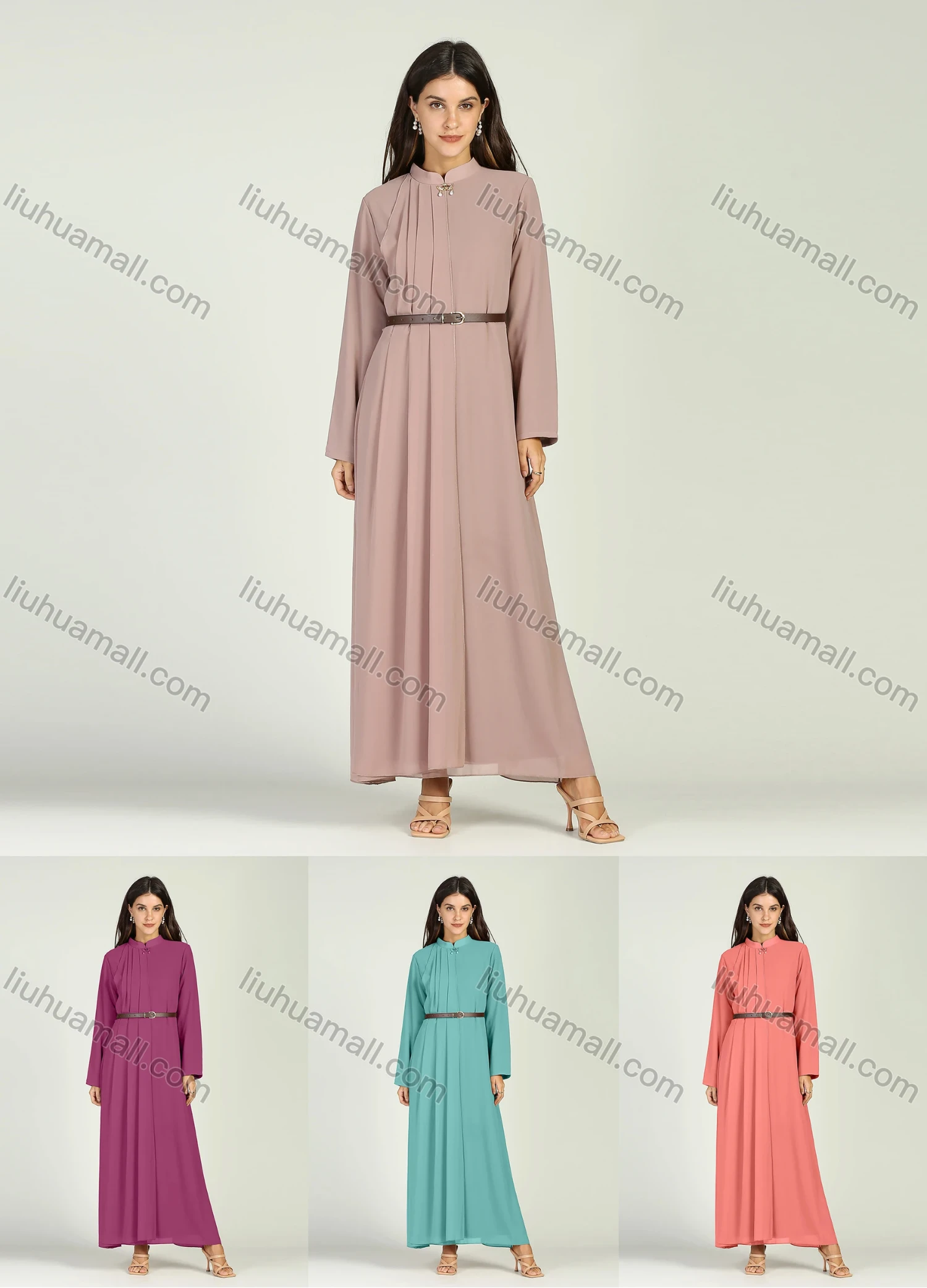 Wholesale Women's Chiffon Mandarin Collar Pleated Long Sleeve Plain Maxi Dress With Belt - Liuhuamall