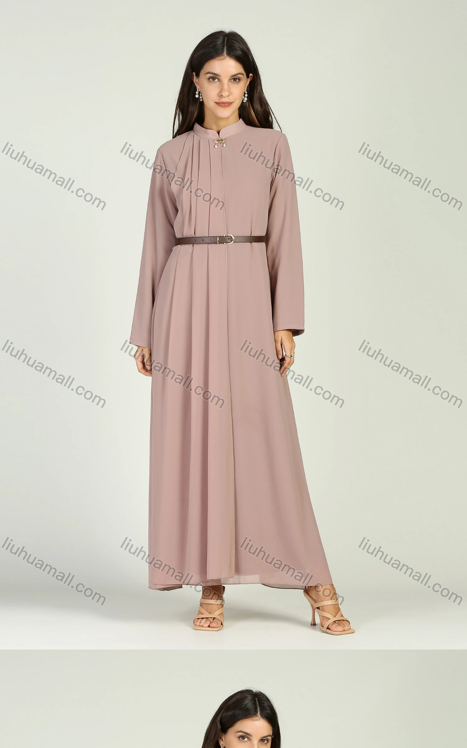 Wholesale Women's Chiffon Mandarin Collar Pleated Long Sleeve Plain Maxi Dress With Belt - Liuhuamall