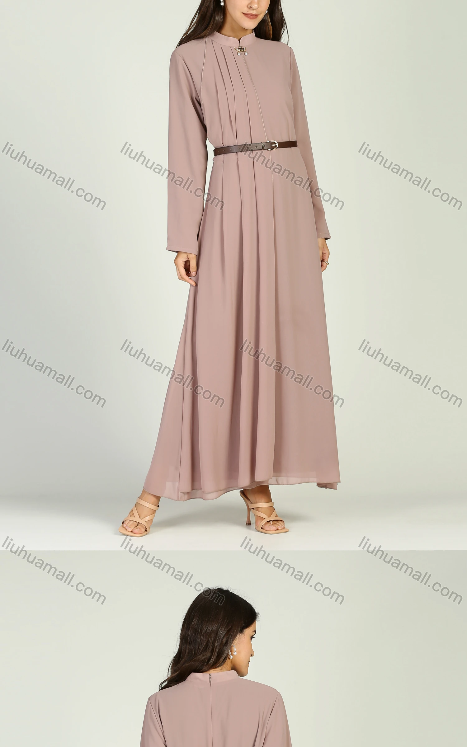 Wholesale Women's Chiffon Mandarin Collar Pleated Long Sleeve Plain Maxi Dress With Belt - Liuhuamall