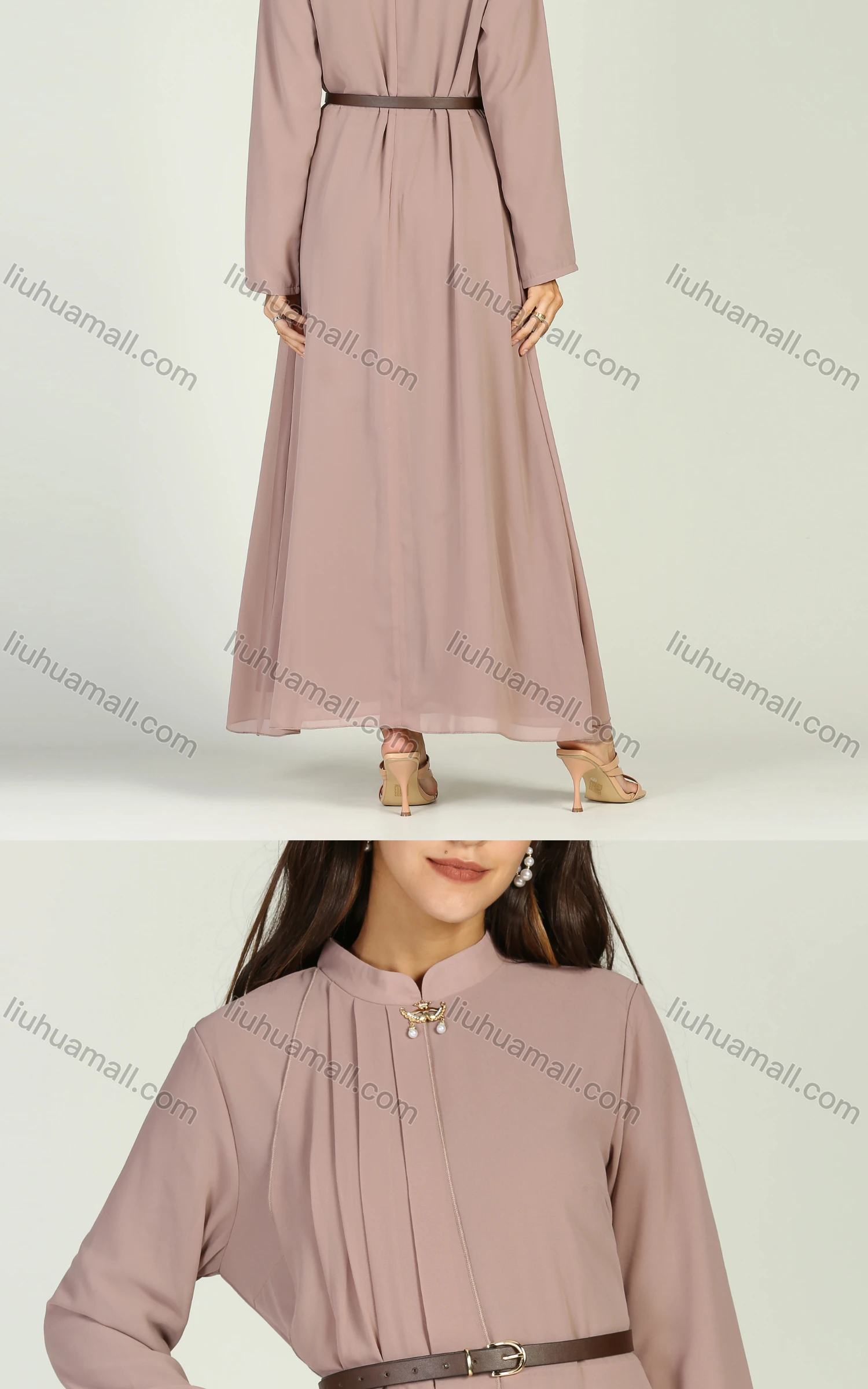 Wholesale Women's Chiffon Mandarin Collar Pleated Long Sleeve Plain Maxi Dress With Belt - Liuhuamall