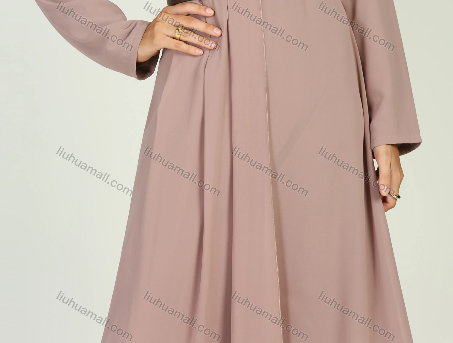 Wholesale Women's Chiffon Mandarin Collar Pleated Long Sleeve Plain Maxi Dress With Belt - Liuhuamall