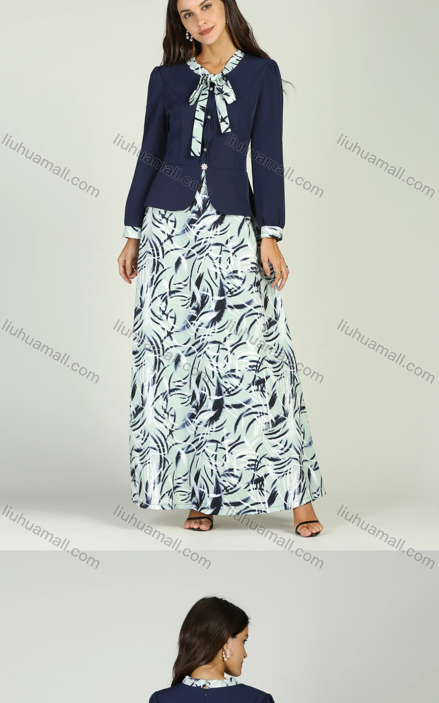 Wholesale Women's Tie Neck Art Print Splicing Slim Fit Maxi Dress - Liuhuamall