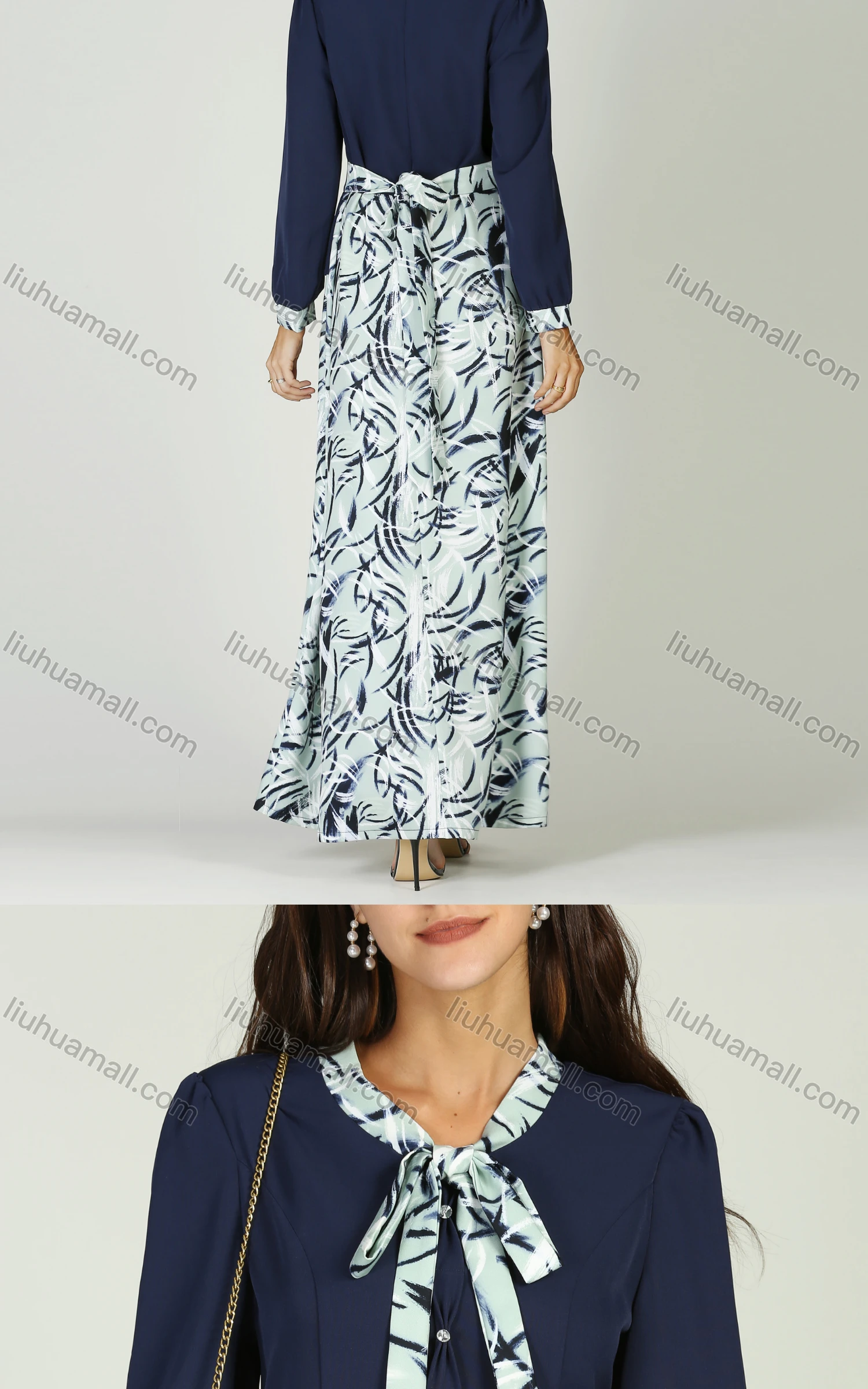 Wholesale Women's Tie Neck Art Print Splicing Slim Fit Maxi Dress - Liuhuamall