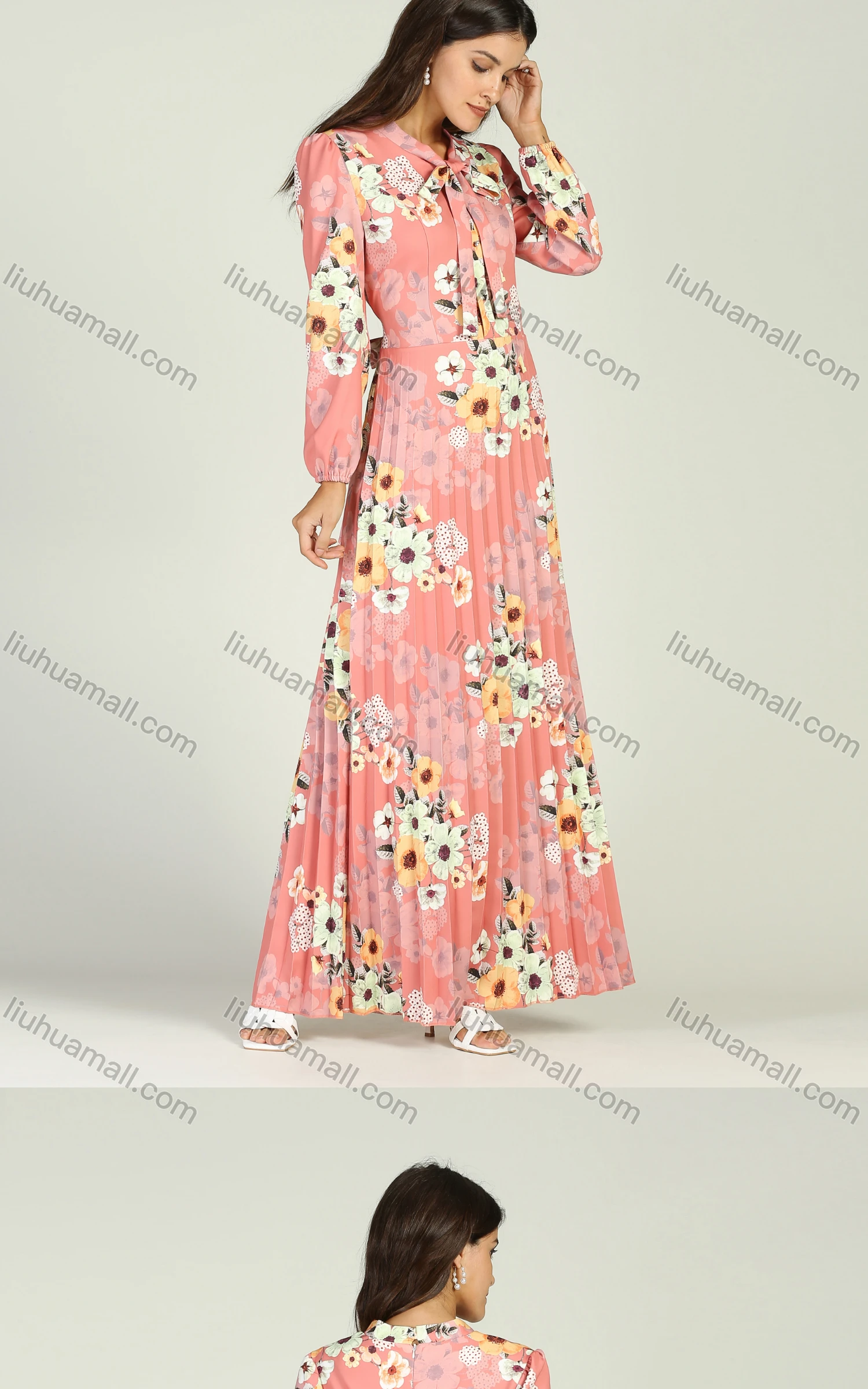 Wholesale Women's Casual Allover Floral Print Tie Neck Belted Pleated Maxi Dress - Liuhuamall