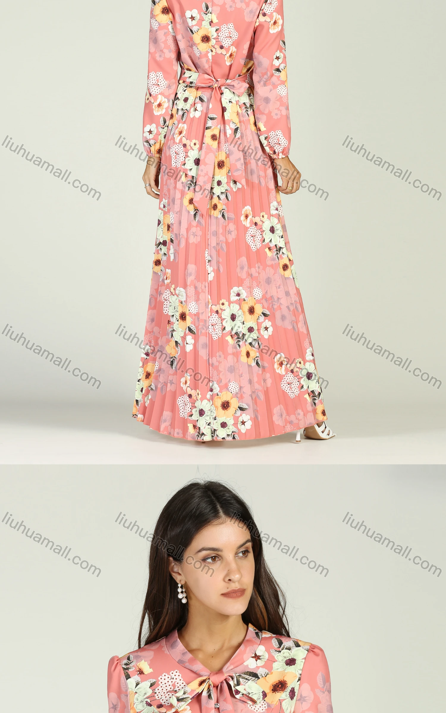 Wholesale Women's Casual Allover Floral Print Tie Neck Belted Pleated Maxi Dress - Liuhuamall