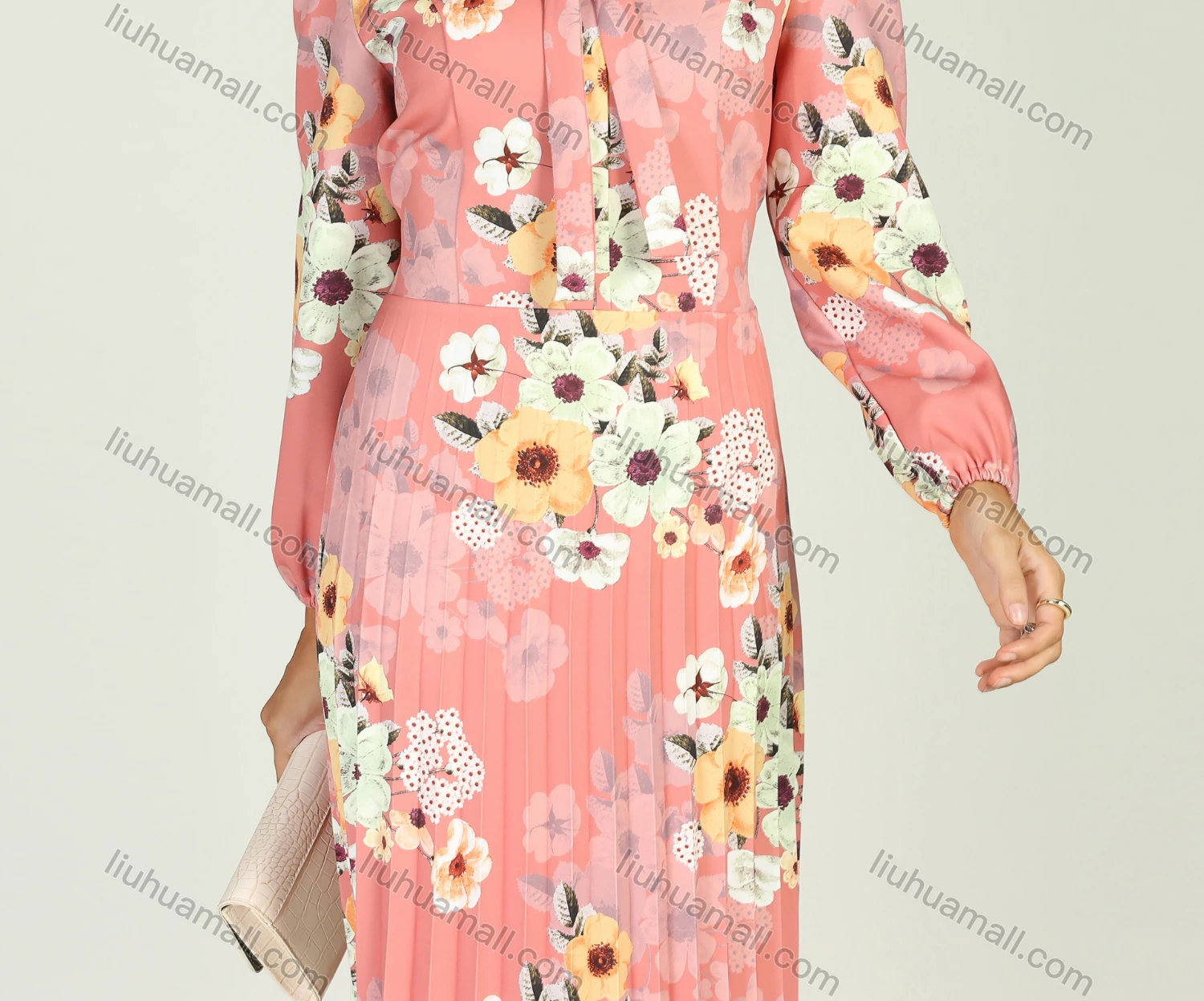 Wholesale Women's Casual Allover Floral Print Tie Neck Belted Pleated Maxi Dress - Liuhuamall