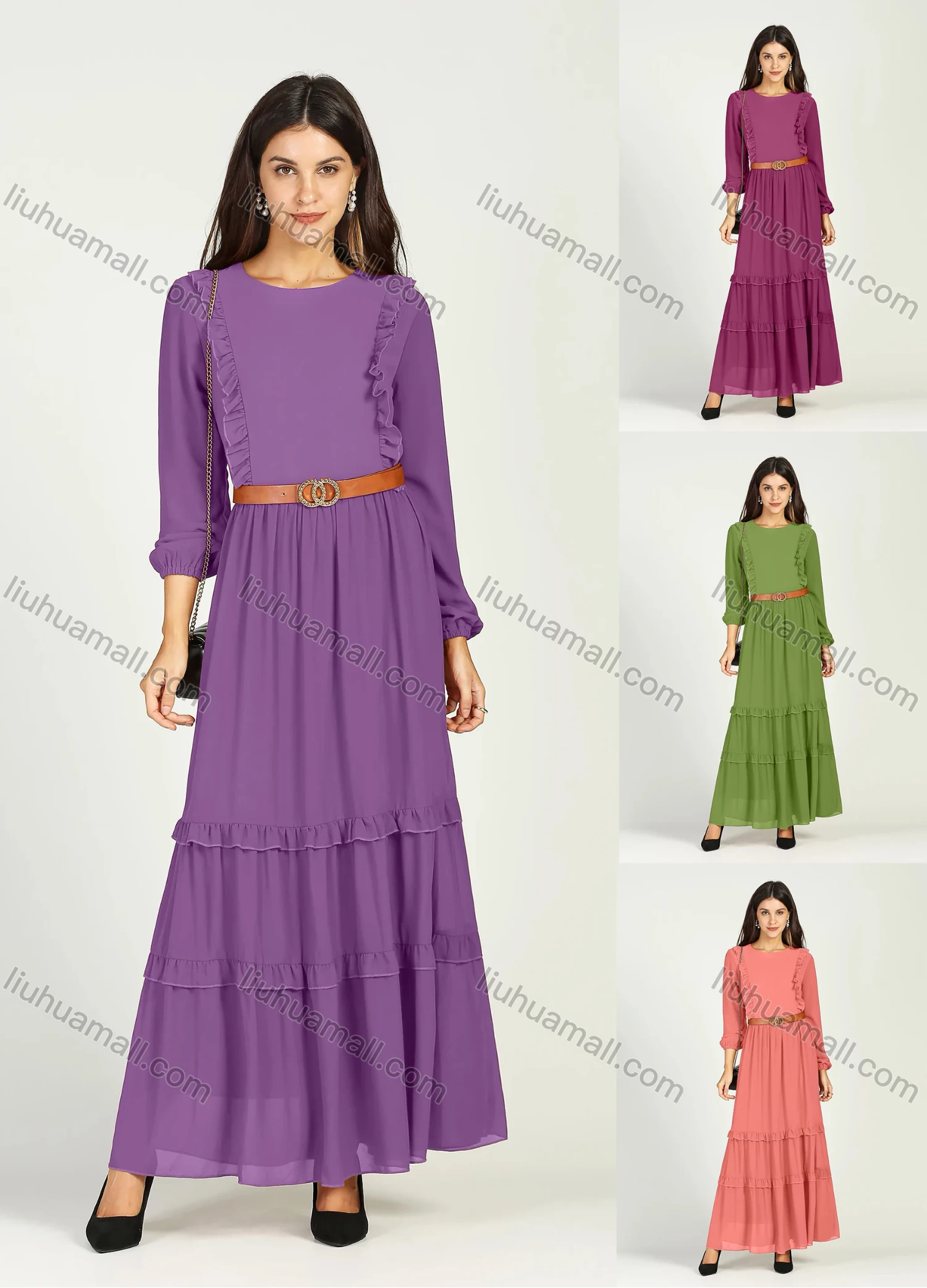 Wholesale Women's Chiffon Crew Neck Plain Ruched Ruffle Trim Layered Hem Maxi Dress With Belt - Liuhuamall