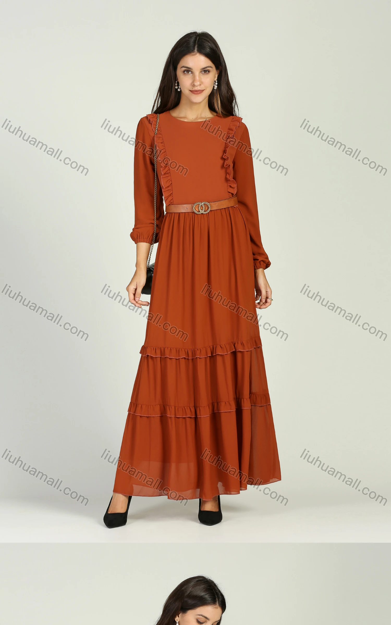 Wholesale Women's Chiffon Crew Neck Plain Ruched Ruffle Trim Layered Hem Maxi Dress With Belt - Liuhuamall