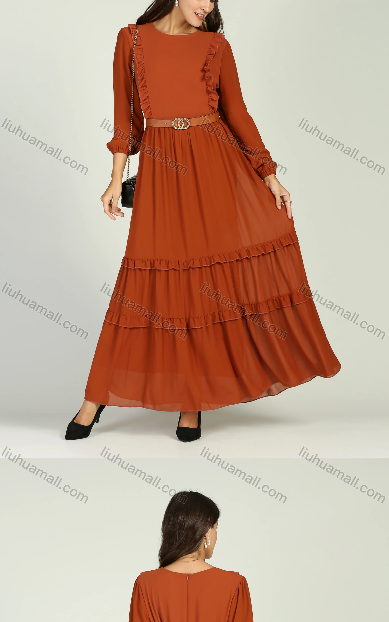 Wholesale Women's Chiffon Crew Neck Plain Ruched Ruffle Trim Layered Hem Maxi Dress With Belt - Liuhuamall