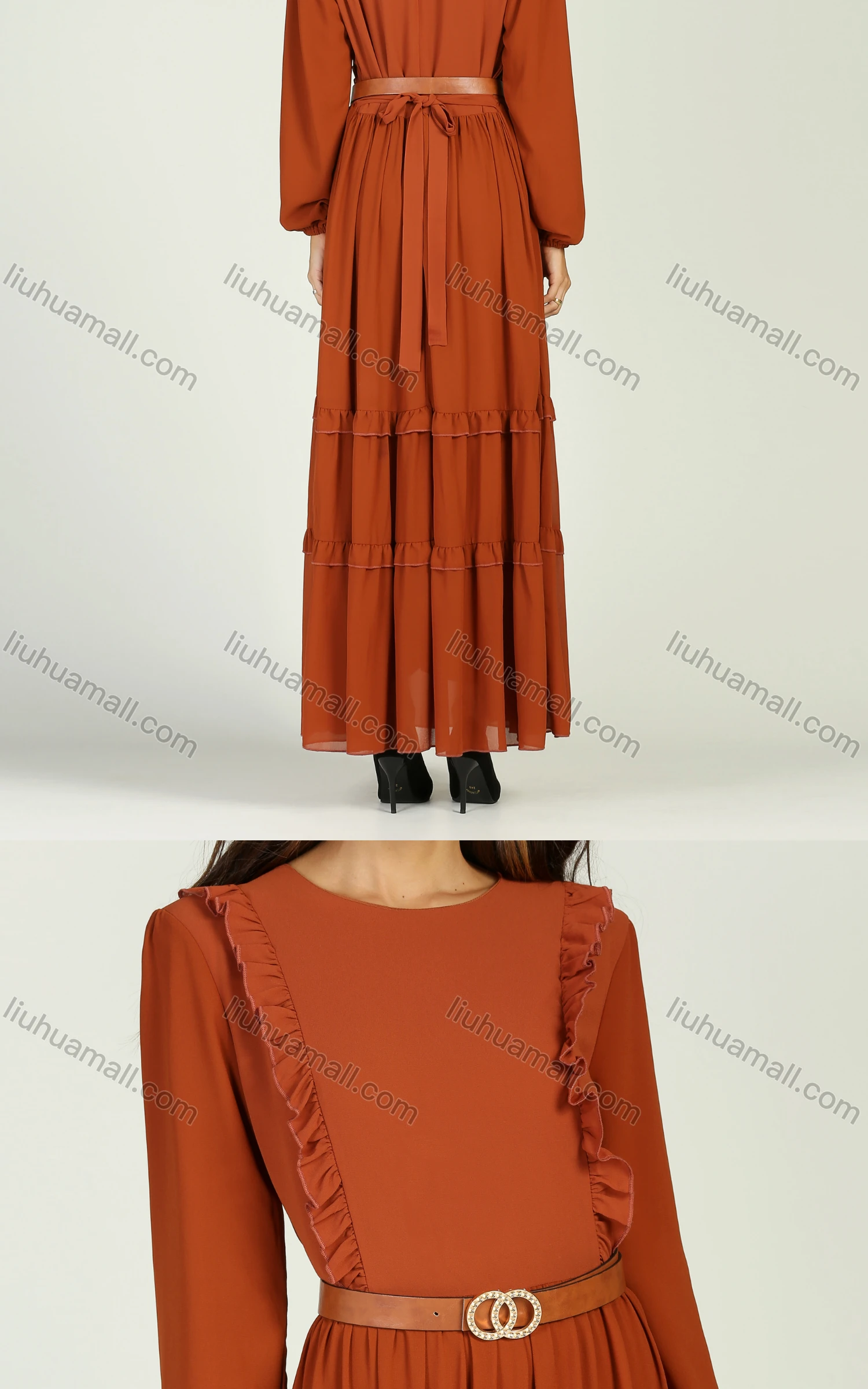 Wholesale Women's Chiffon Crew Neck Plain Ruched Ruffle Trim Layered Hem Maxi Dress With Belt - Liuhuamall