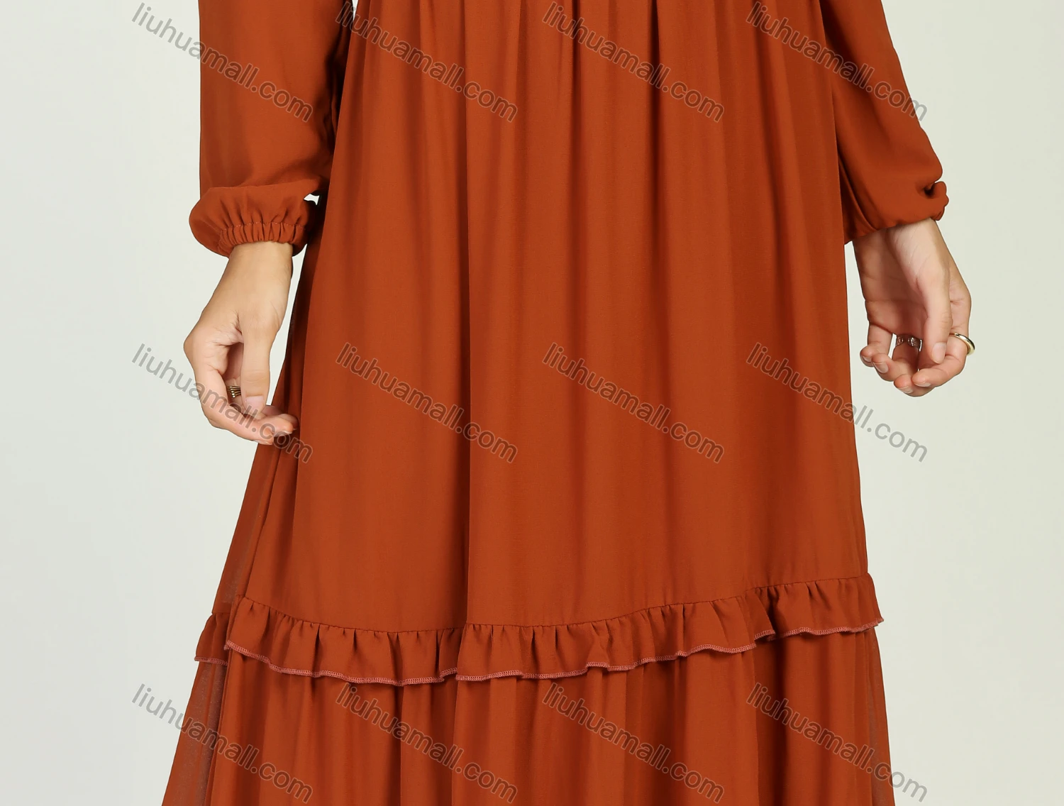 Wholesale Women's Chiffon Crew Neck Plain Ruched Ruffle Trim Layered Hem Maxi Dress With Belt - Liuhuamall