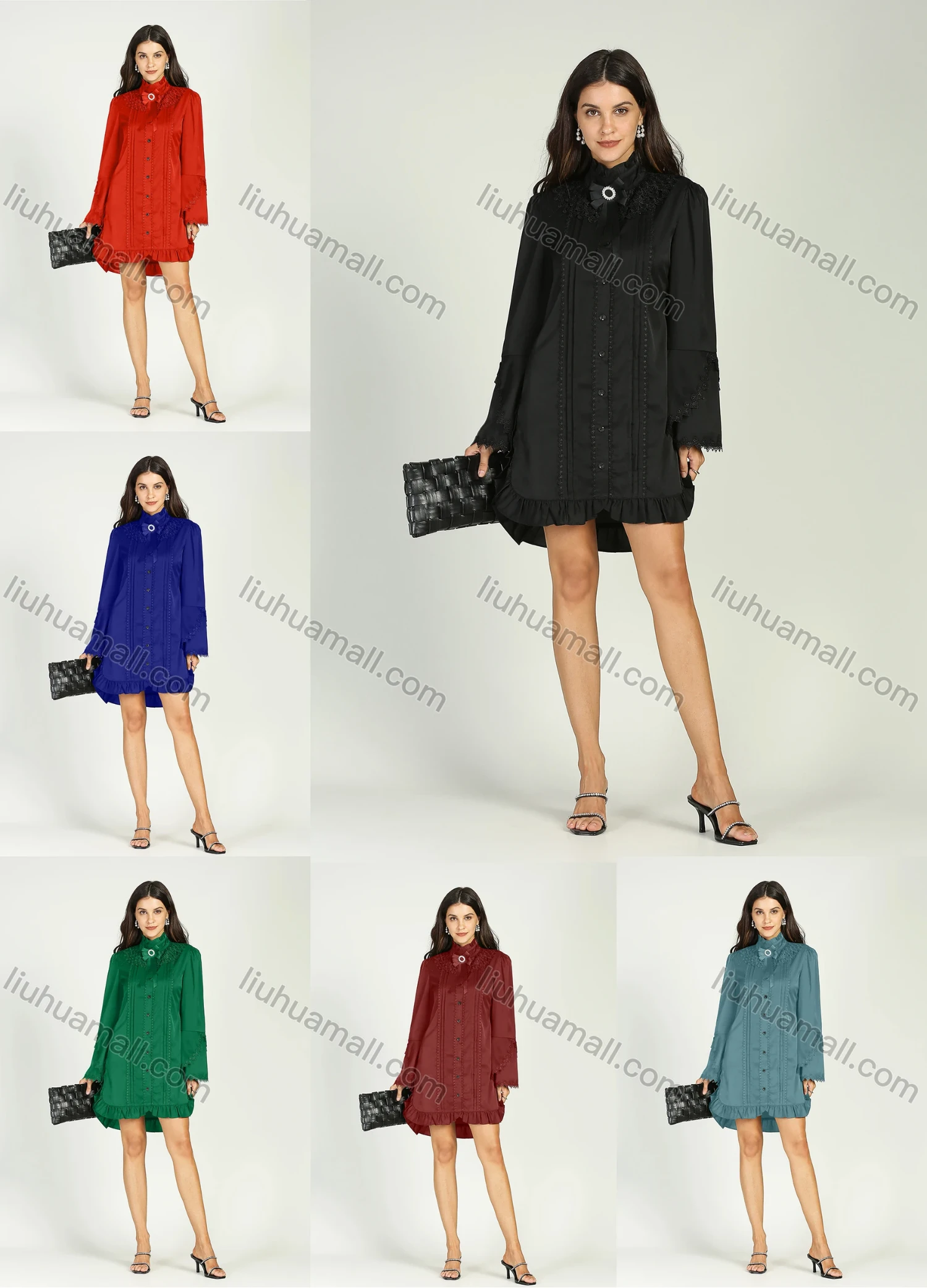 Wholesale Women's Plain Long Sleeve Tie Front Button Down Lace Trim Ruffle Hem Short Shirt Dress - Liuhuamall