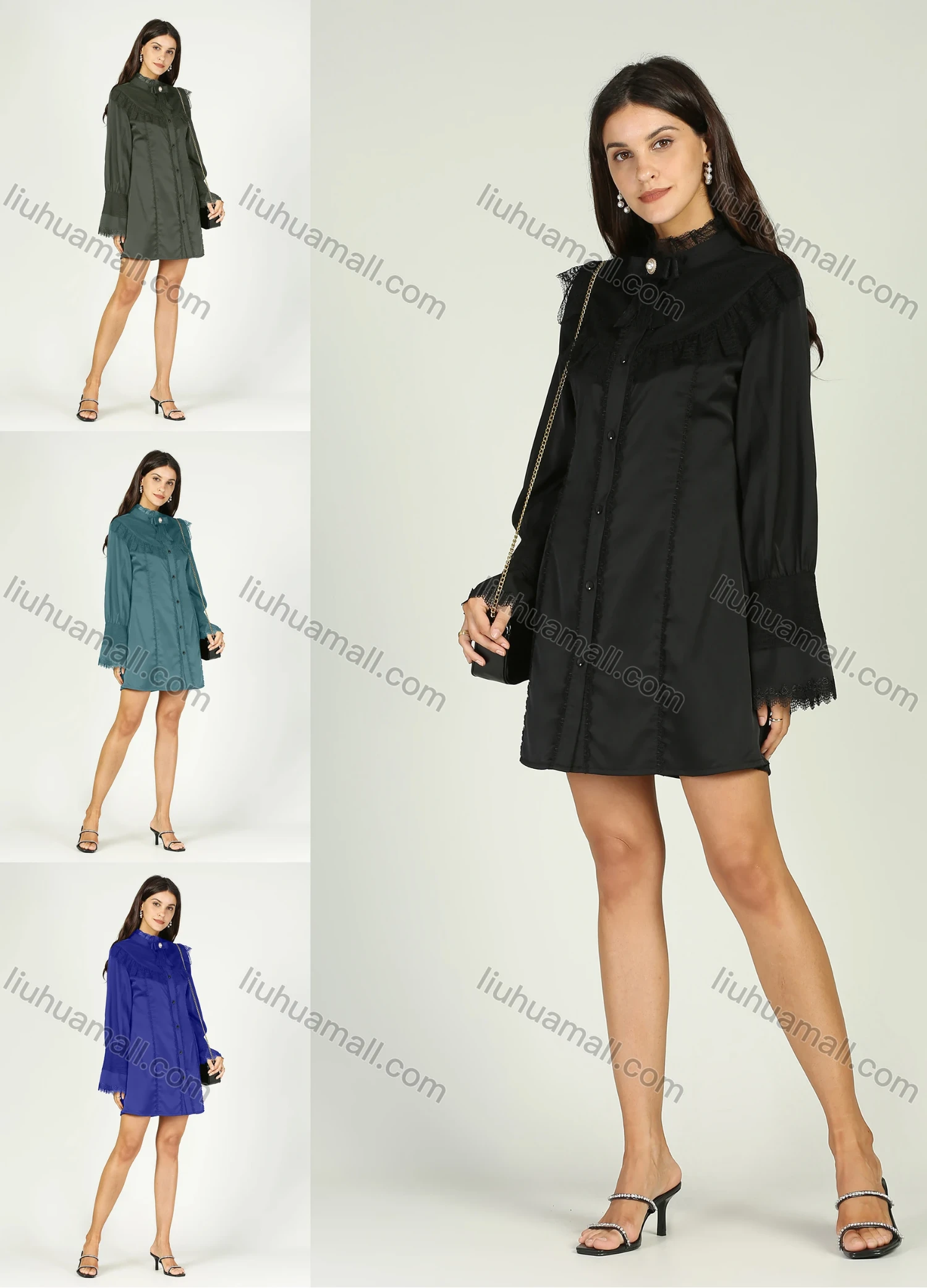 Wholesale Women's Plain Button Front Bell Sleeve Lace Trim Short Shirt Dress - Liuhuamall