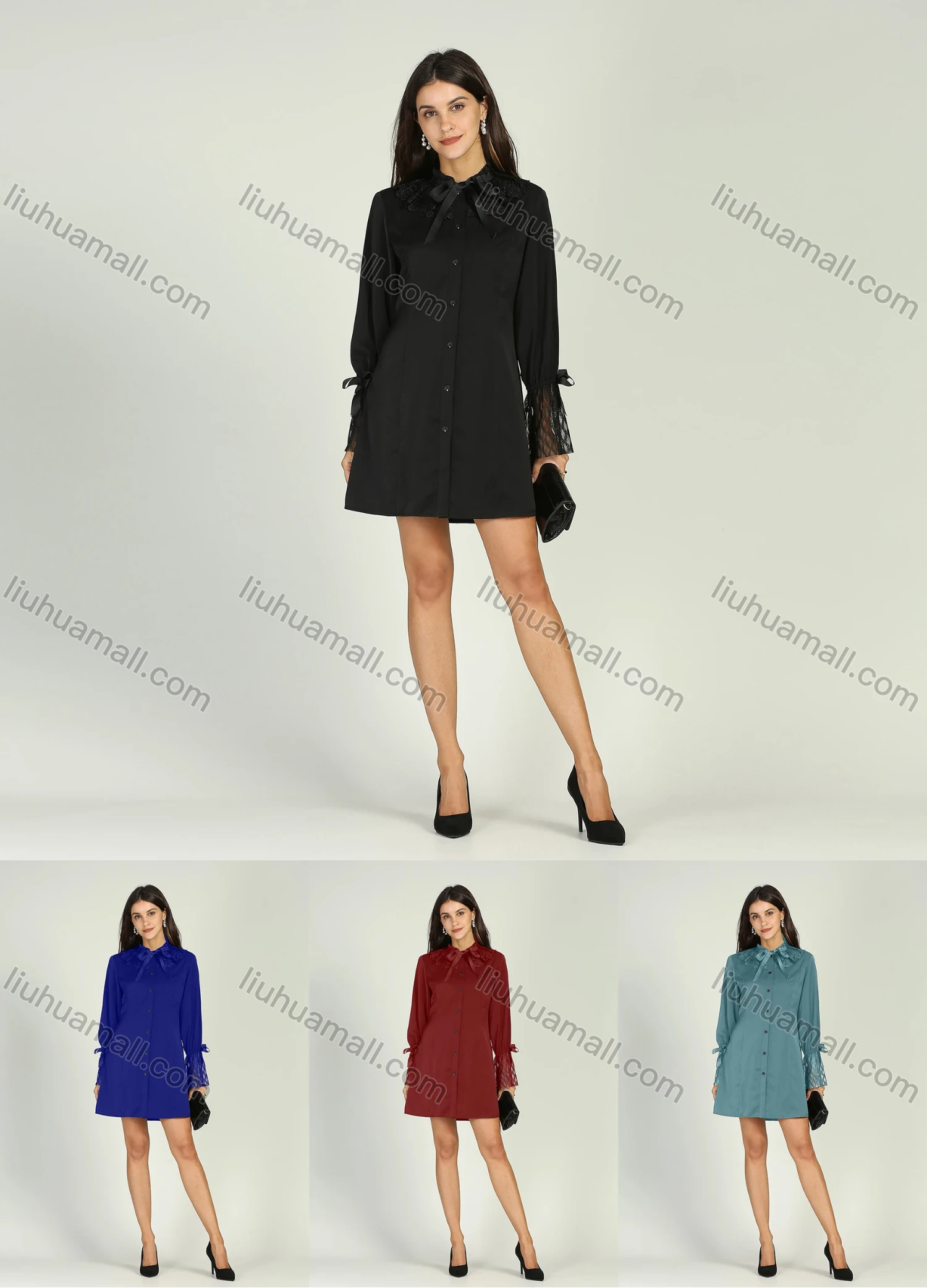 Wholesale Women's Plain Button Front Lace Sleeve Short Shirt Dress - Liuhuamall