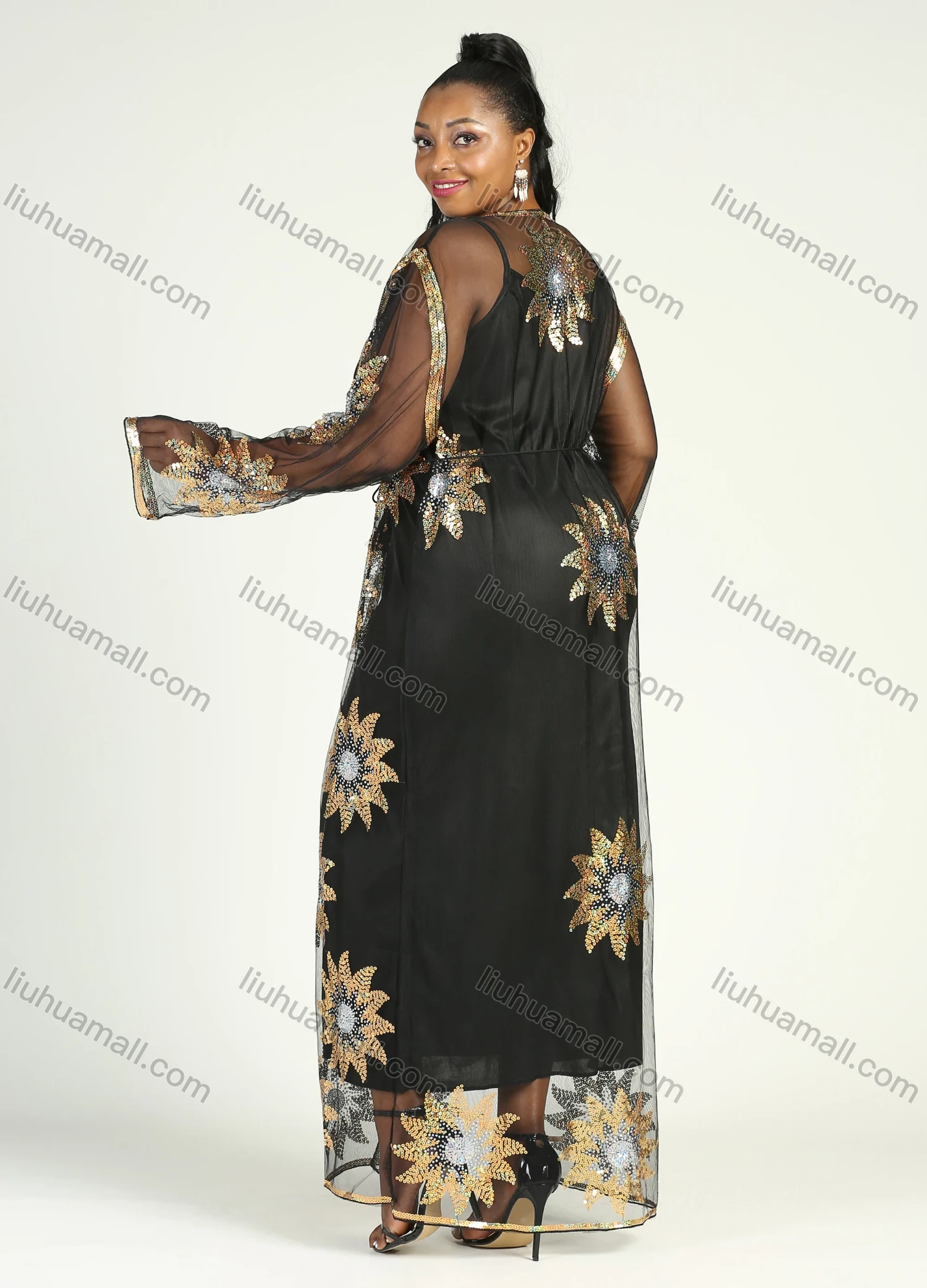 Wholesale Women's Islamic Muslim Floral Sequin Self Tie Maxi Kimono Cover Up Dress - Liuhuamall