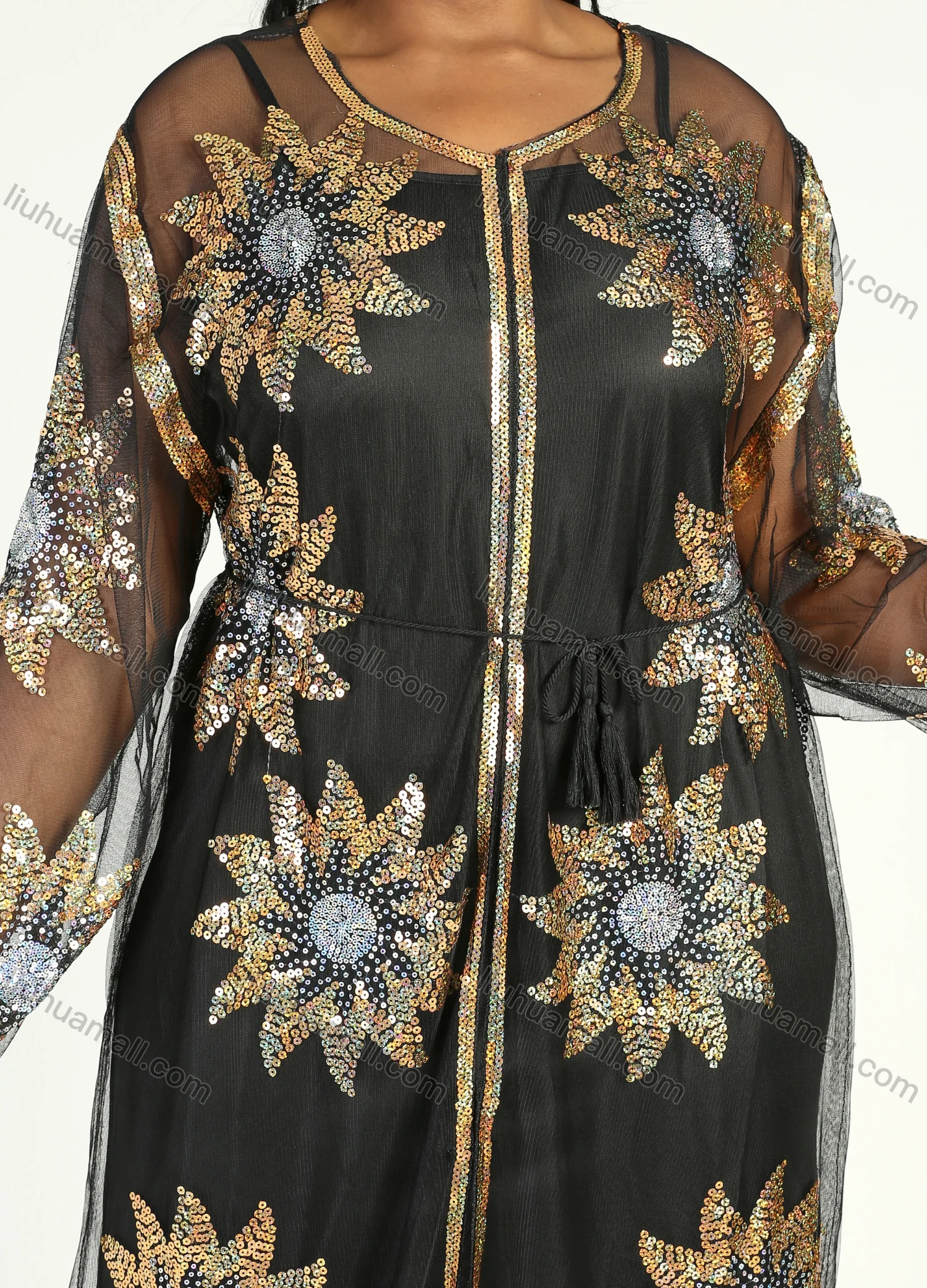 Wholesale Women's Islamic Muslim Floral Sequin Self Tie Maxi Kimono Cover Up Dress - Liuhuamall