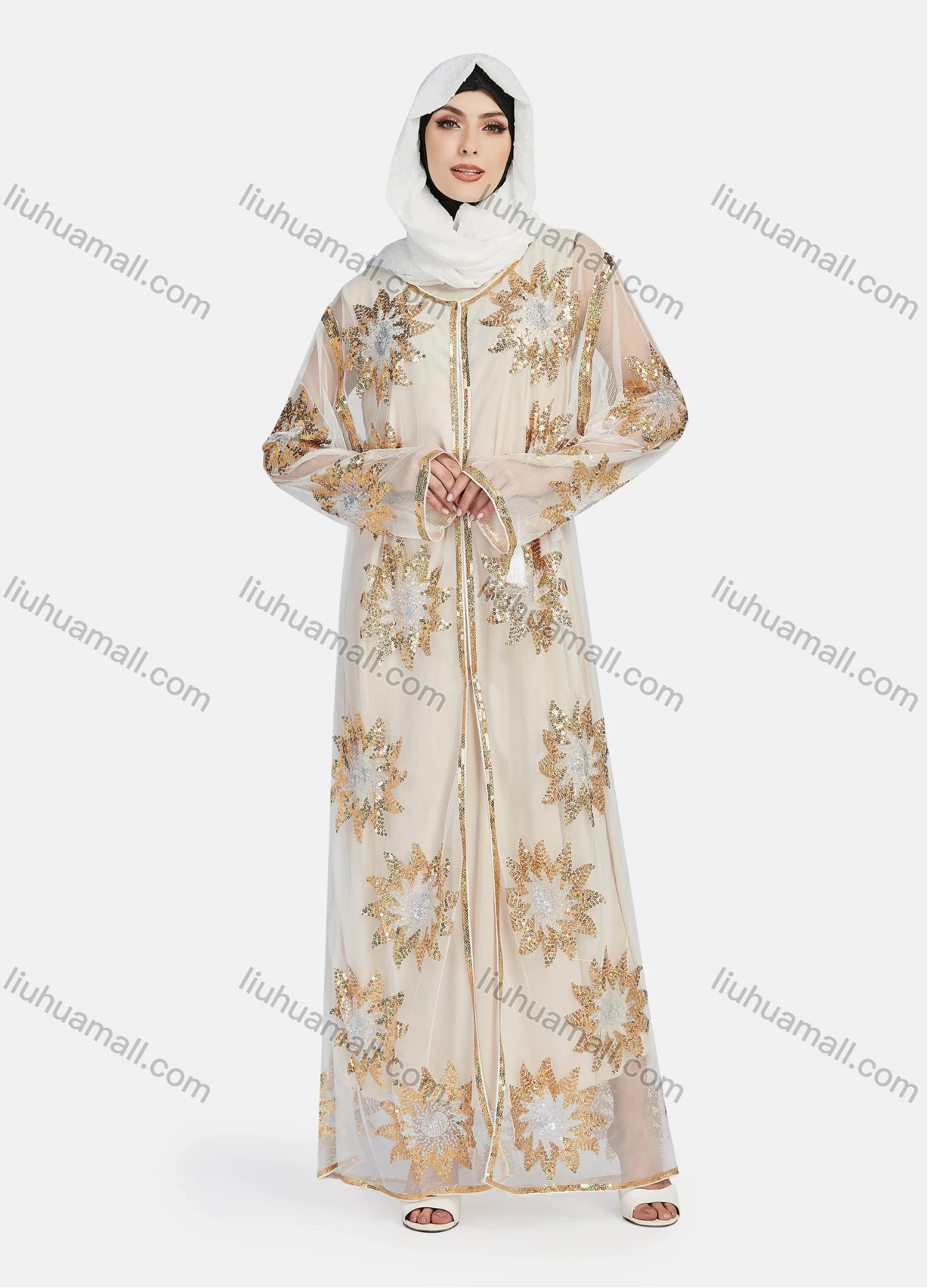 Wholesale Women's Islamic Muslim Floral Sequin Self Tie Maxi Kimono Cover Up Dress - Liuhuamall