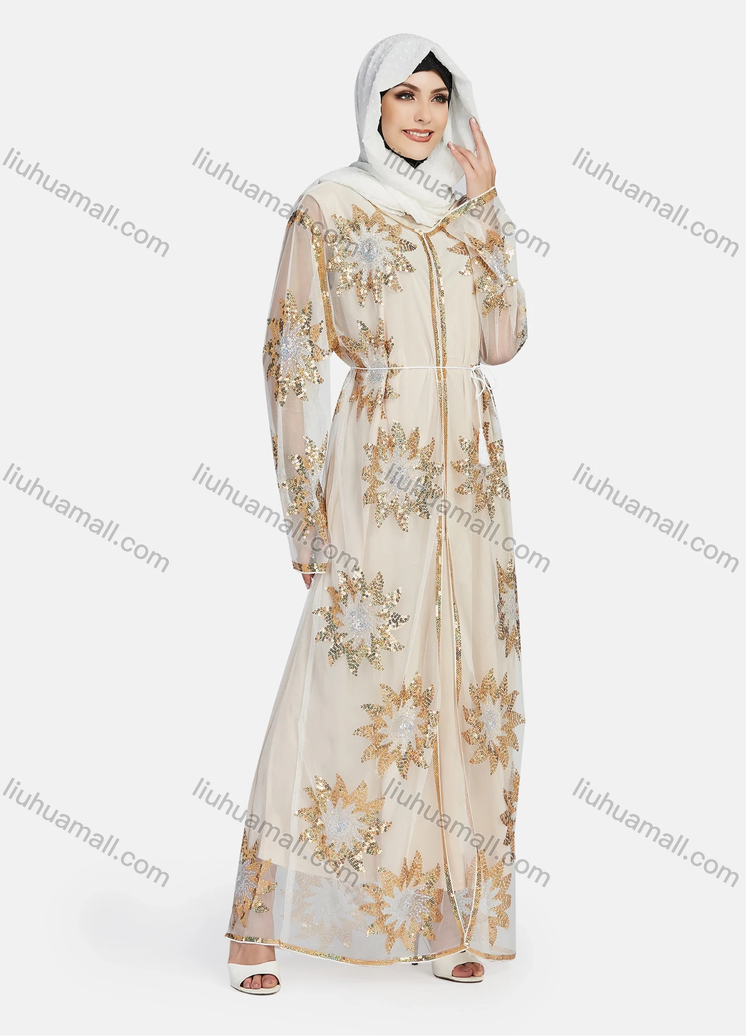 Wholesale Women's Islamic Muslim Floral Sequin Self Tie Maxi Kimono Cover Up Dress - Liuhuamall