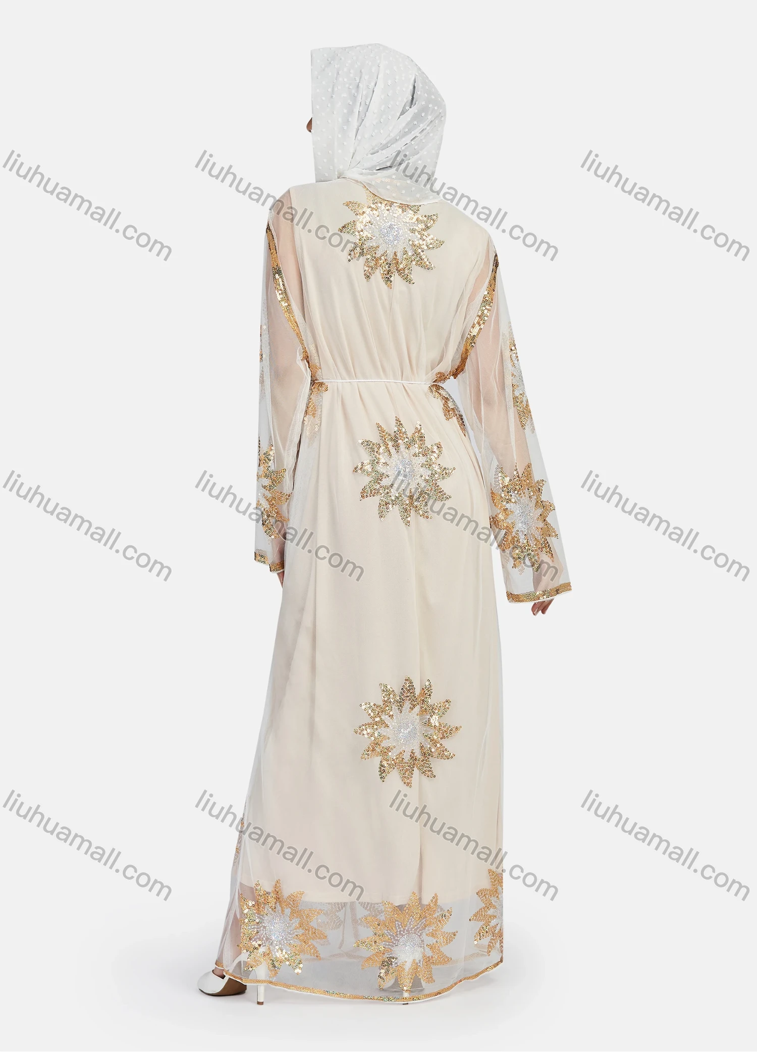 Wholesale Women's Islamic Muslim Floral Sequin Self Tie Maxi Kimono Cover Up Dress - Liuhuamall