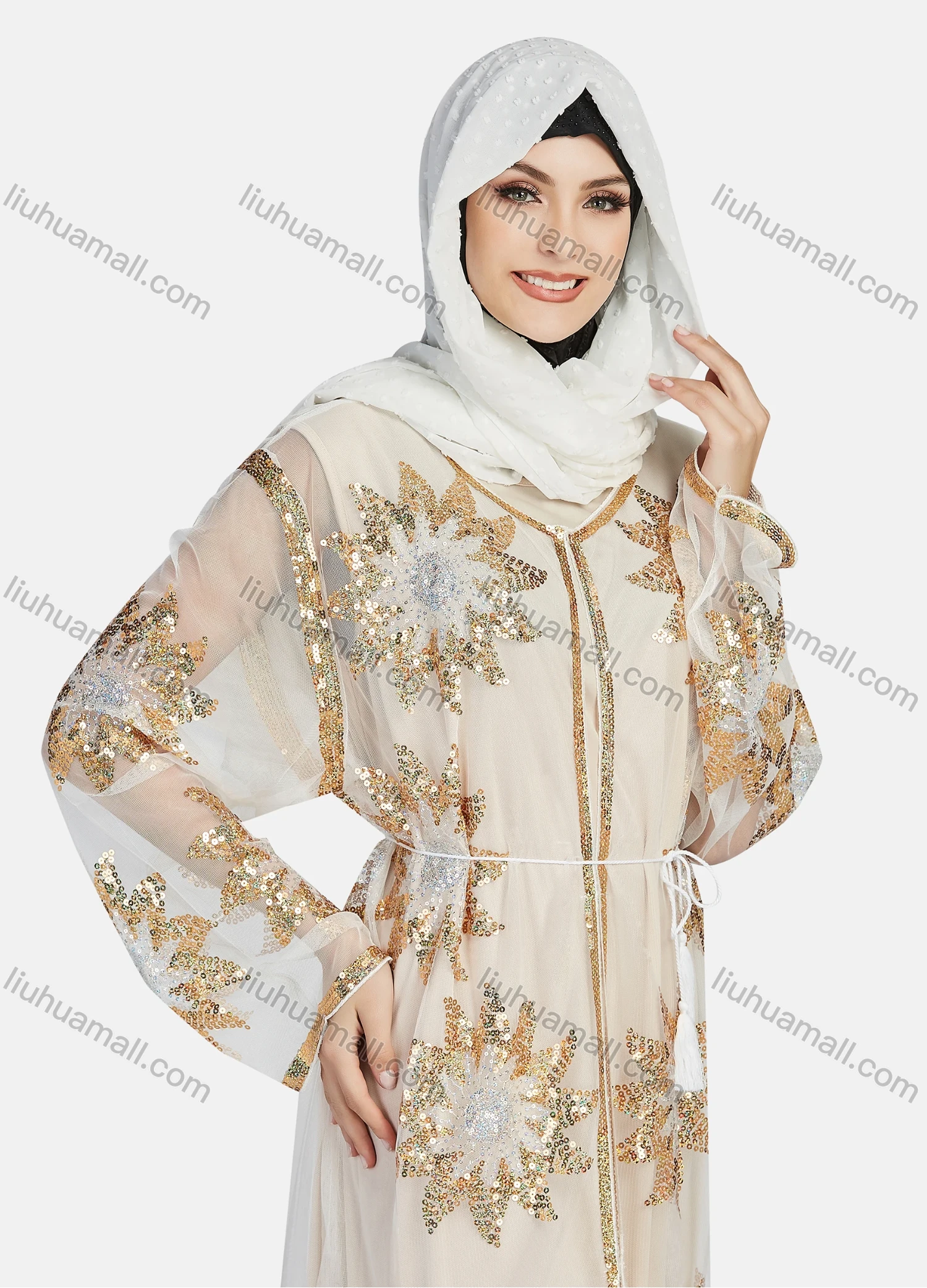 Wholesale Women's Islamic Muslim Floral Sequin Self Tie Maxi Kimono Cover Up Dress - Liuhuamall