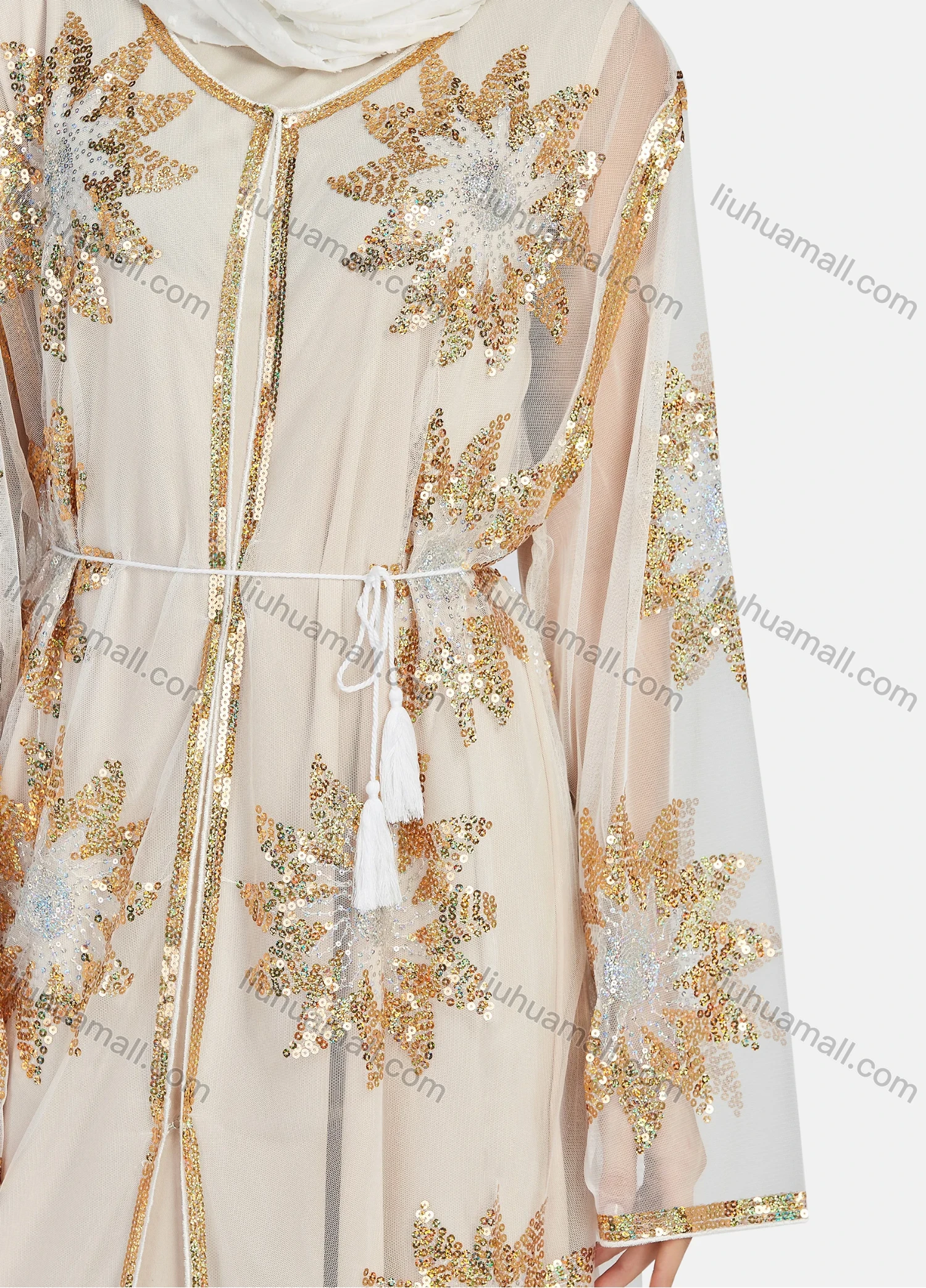 Wholesale Women's Islamic Muslim Floral Sequin Self Tie Maxi Kimono Cover Up Dress - Liuhuamall