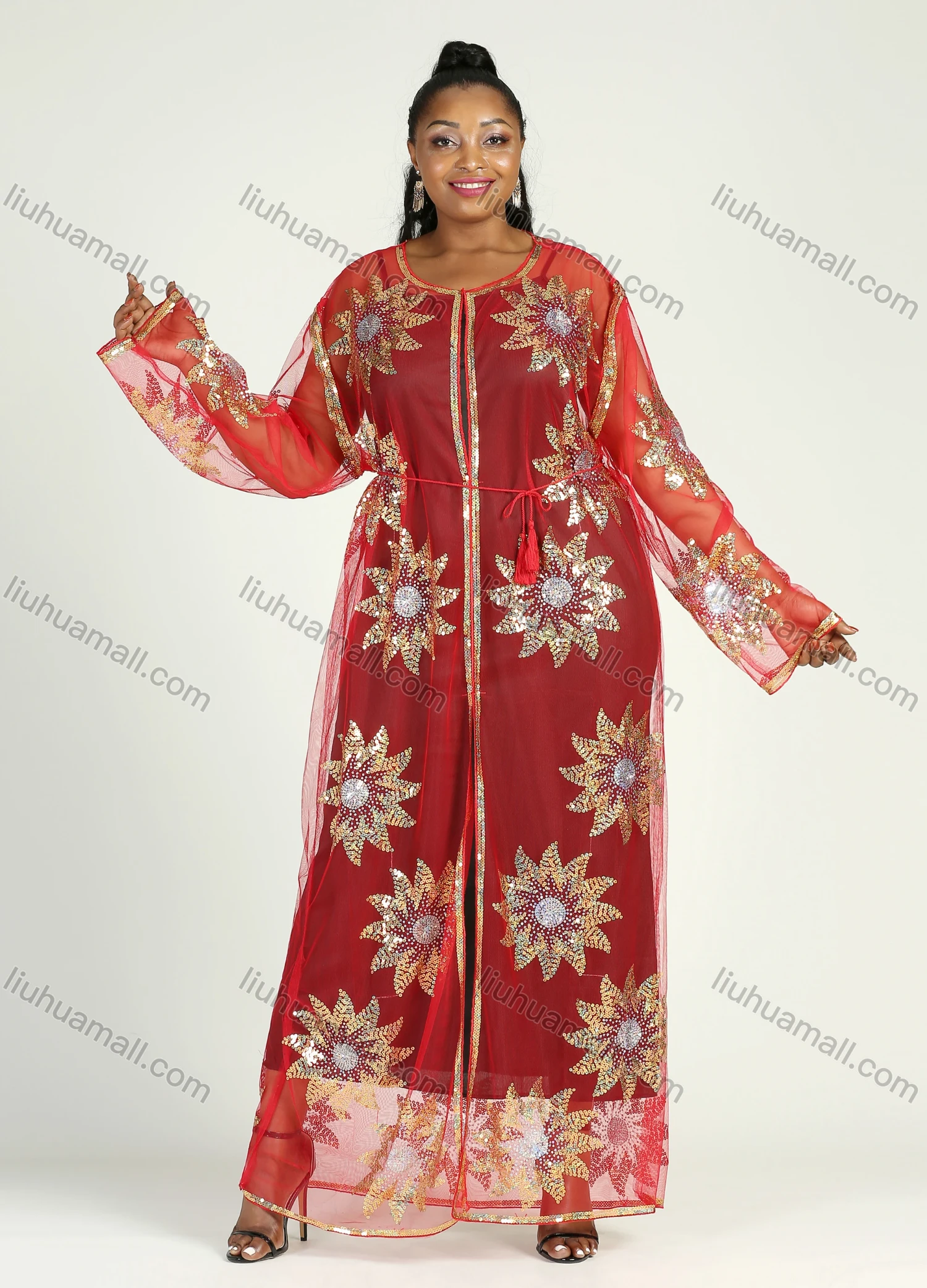 Wholesale Women's Islamic Muslim Floral Sequin Self Tie Maxi Kimono Cover Up Dress - Liuhuamall