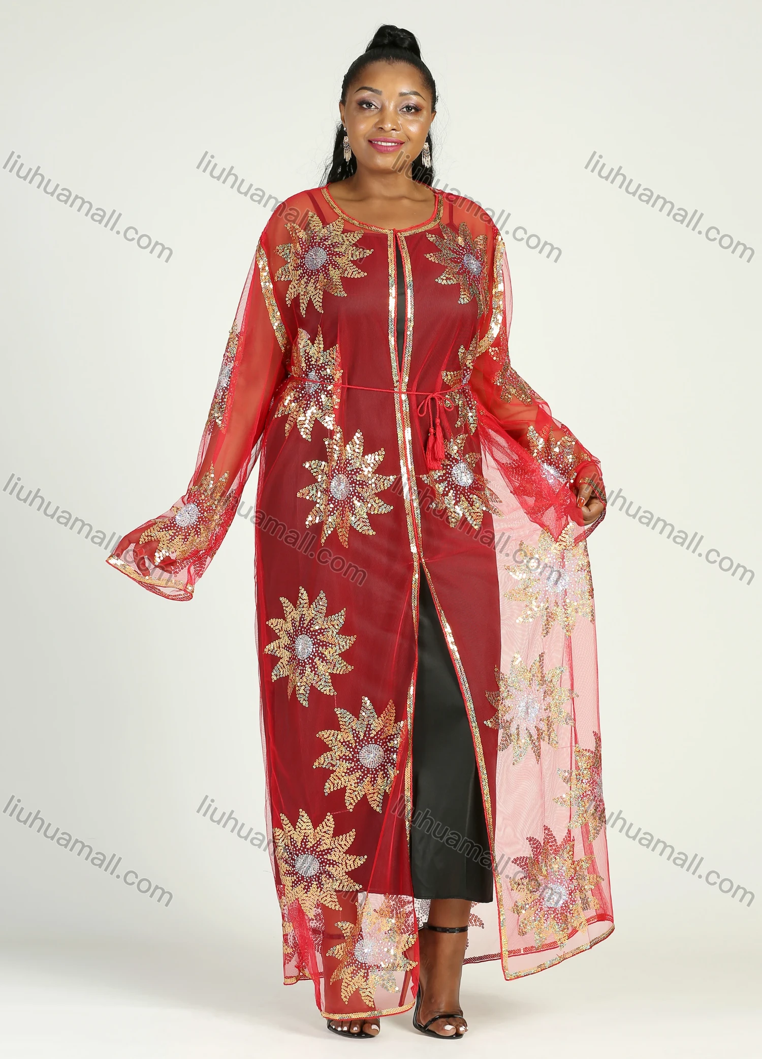 Wholesale Women's Islamic Muslim Floral Sequin Self Tie Maxi Kimono Cover Up Dress - Liuhuamall