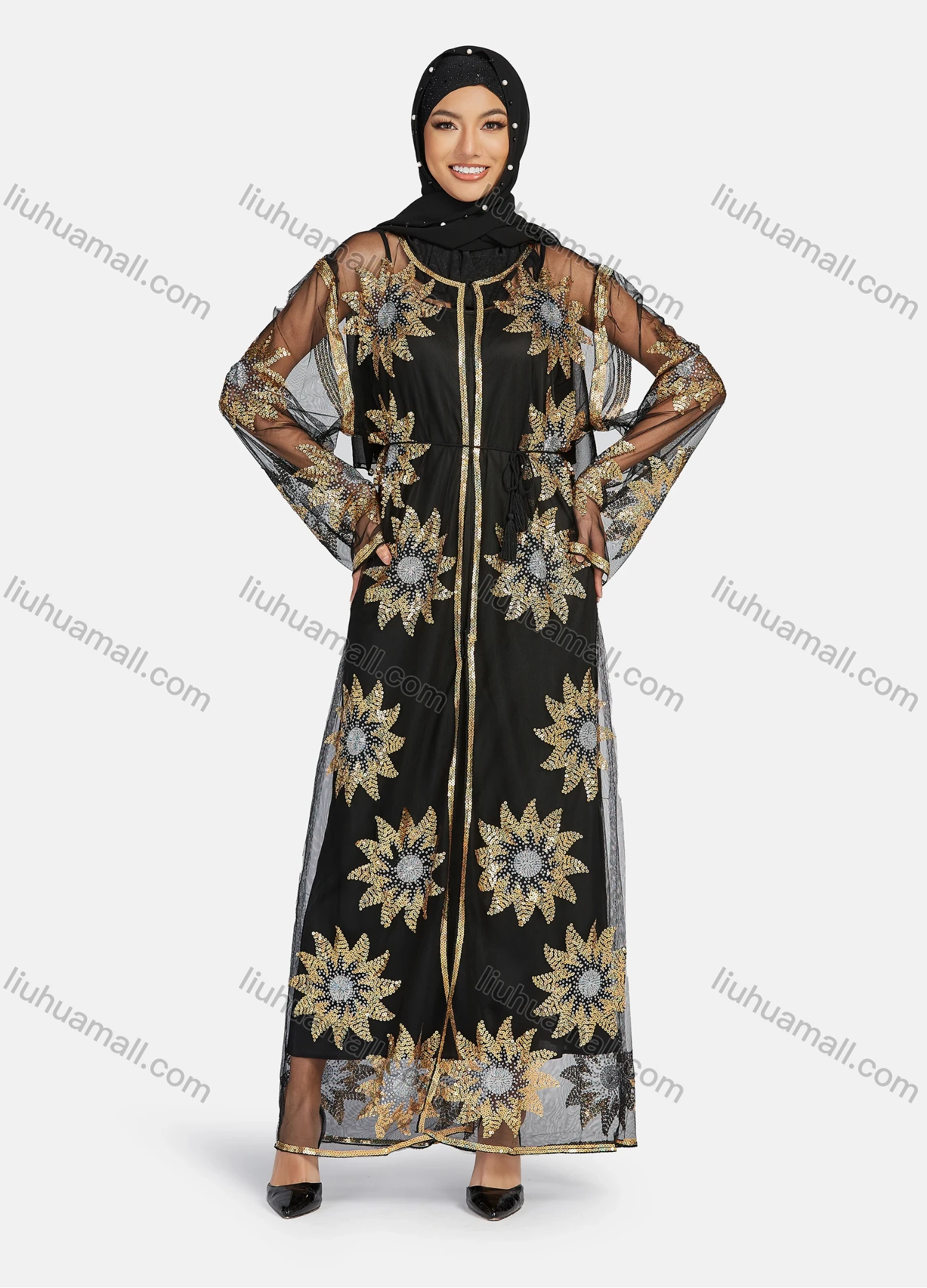 Wholesale Women's Islamic Muslim Floral Sequin Self Tie Maxi Kimono Cover Up Dress - Liuhuamall
