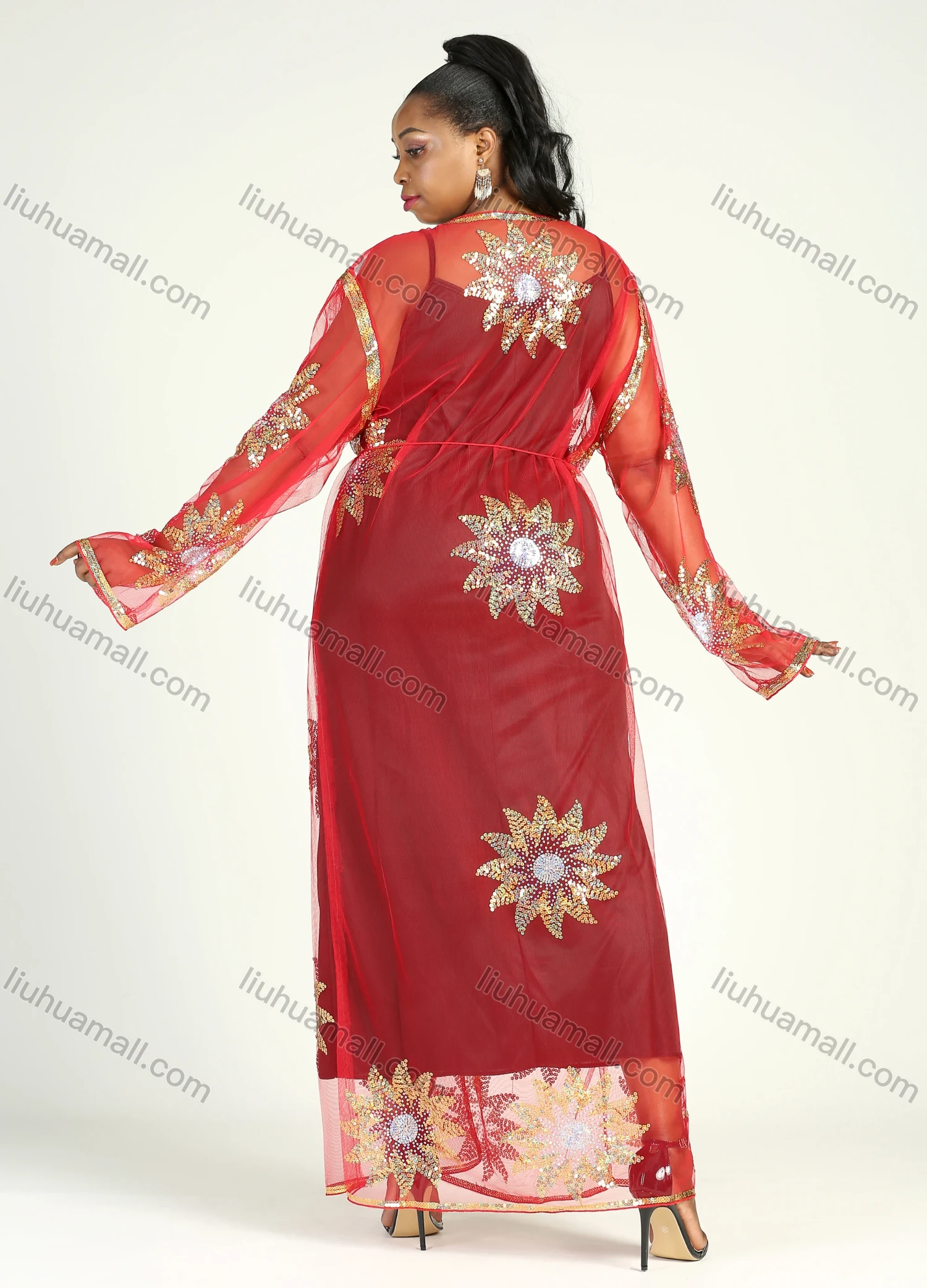 Wholesale Women's Islamic Muslim Floral Sequin Self Tie Maxi Kimono Cover Up Dress - Liuhuamall