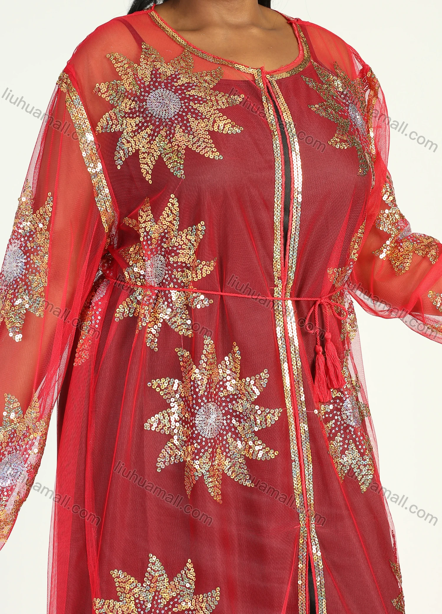 Wholesale Women's Islamic Muslim Floral Sequin Self Tie Maxi Kimono Cover Up Dress - Liuhuamall