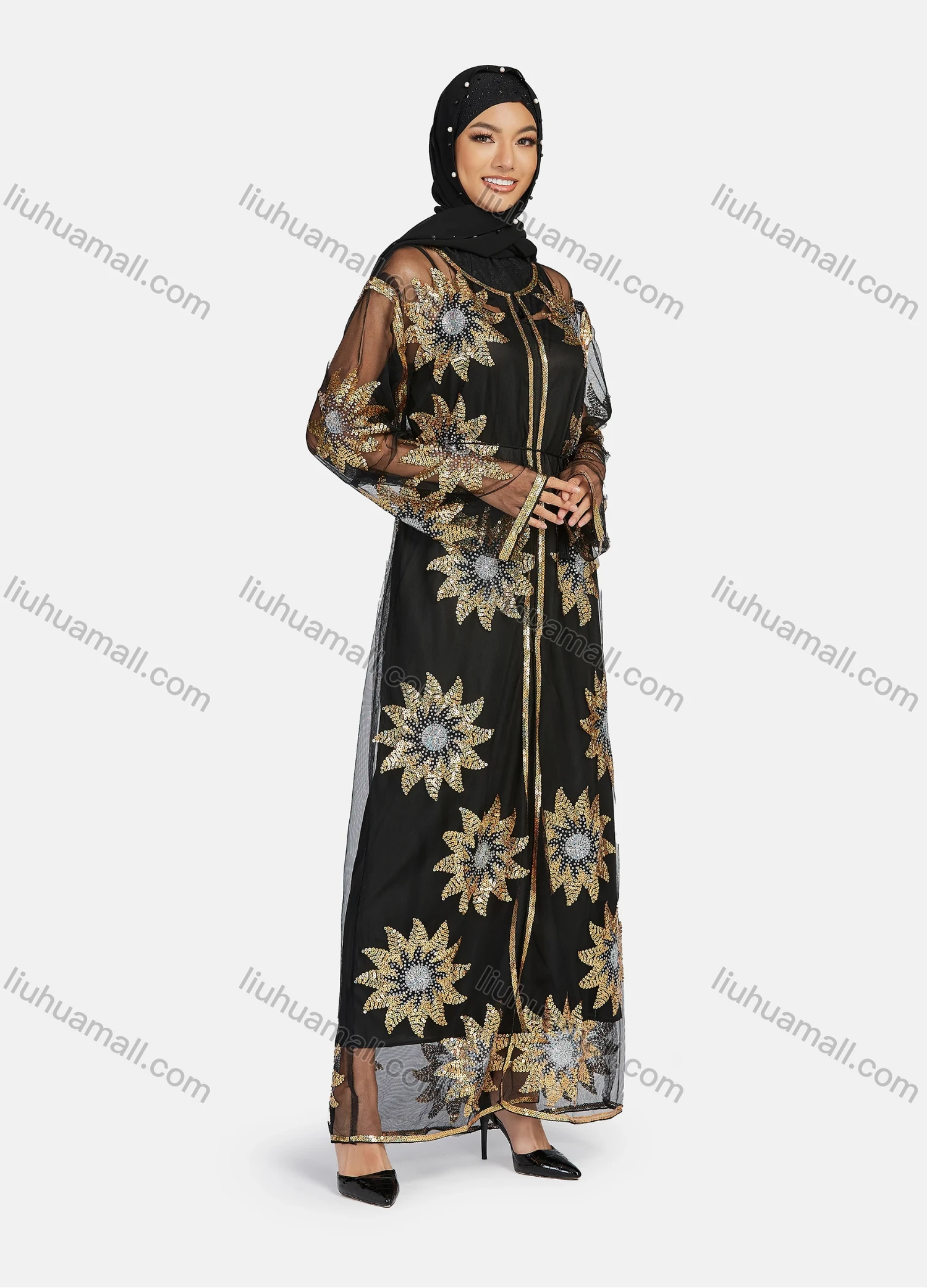 Wholesale Women's Islamic Muslim Floral Sequin Self Tie Maxi Kimono Cover Up Dress - Liuhuamall