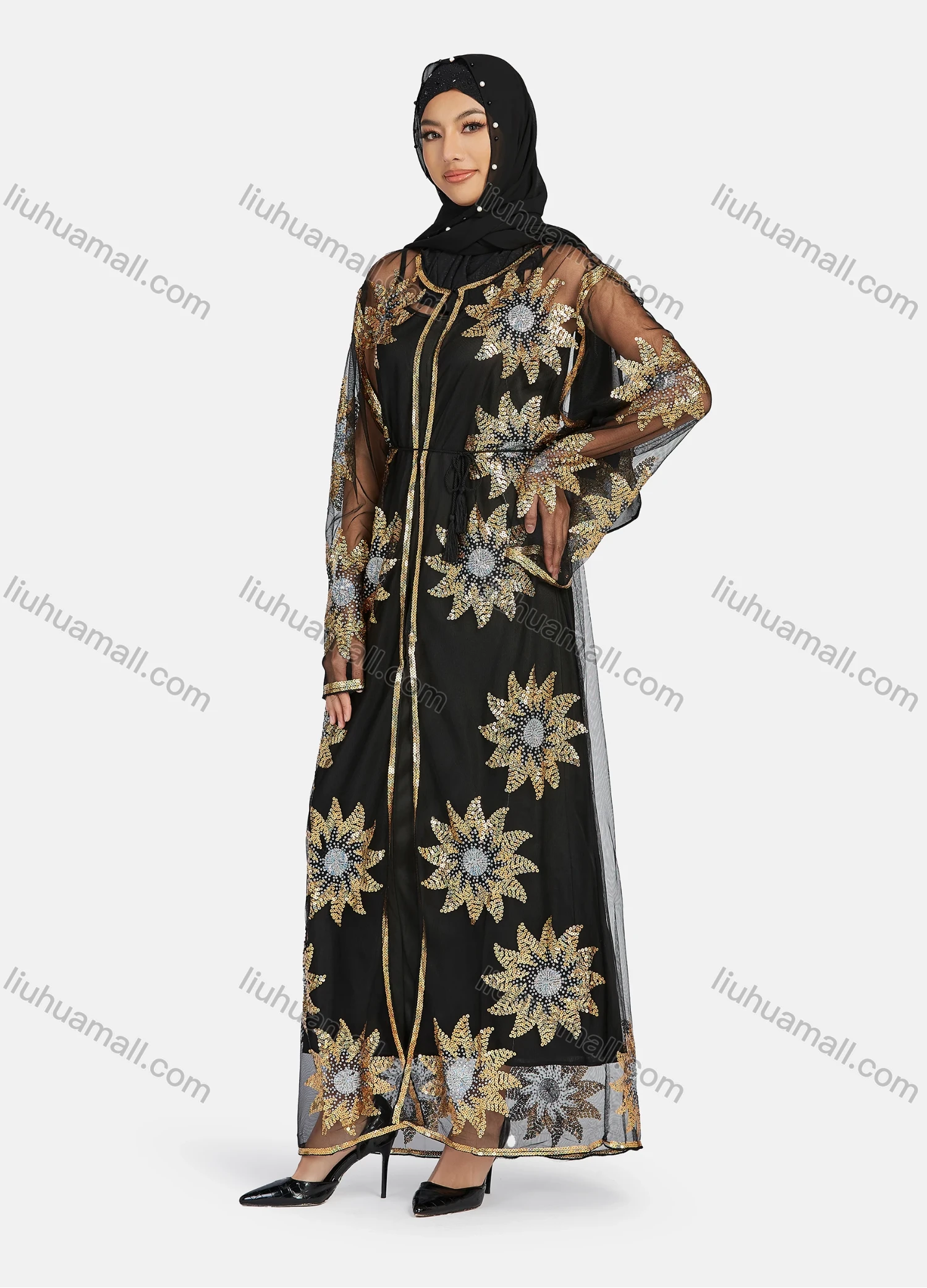 Wholesale Women's Islamic Muslim Floral Sequin Self Tie Maxi Kimono Cover Up Dress - Liuhuamall