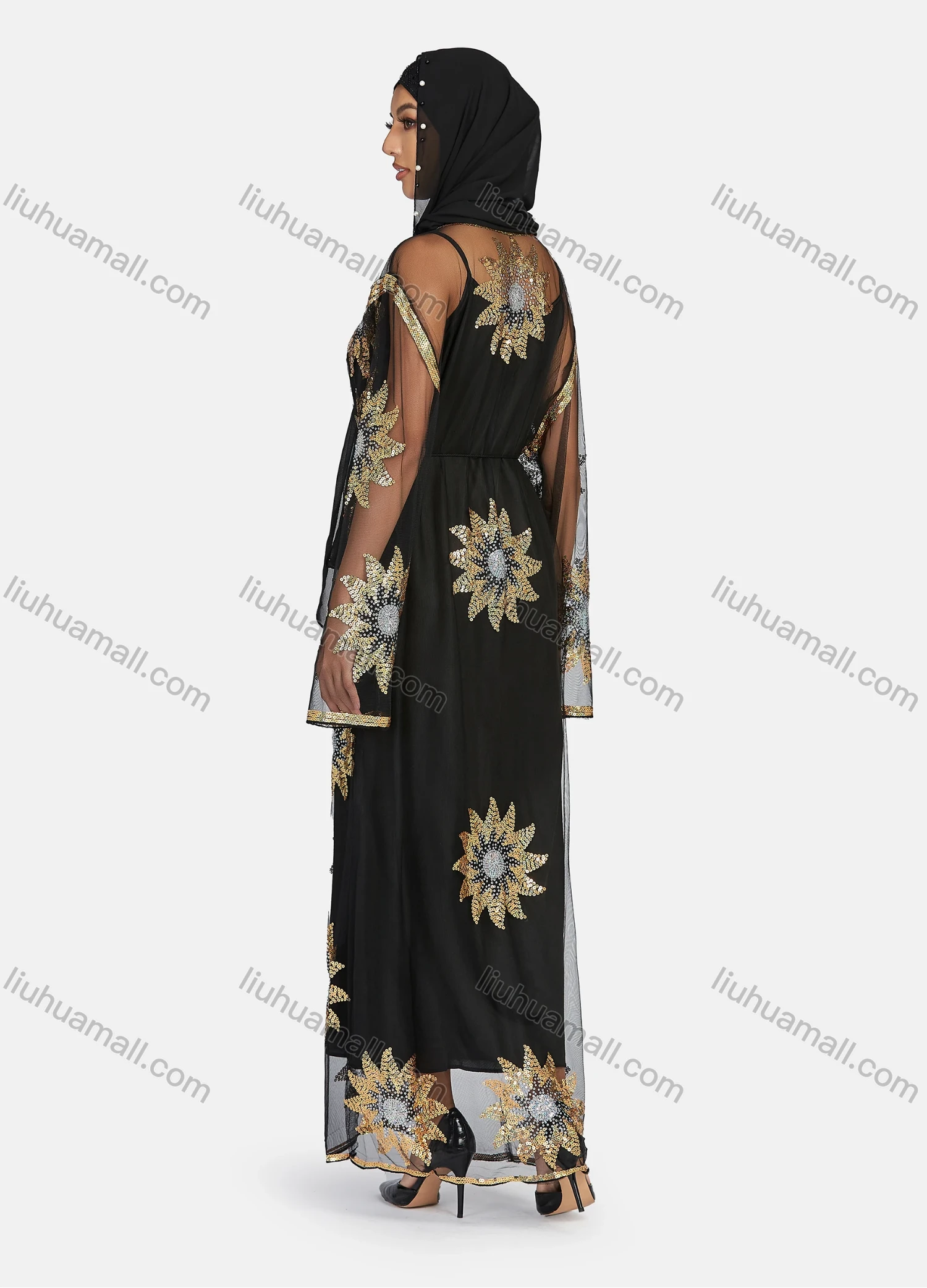Wholesale Women's Islamic Muslim Floral Sequin Self Tie Maxi Kimono Cover Up Dress - Liuhuamall