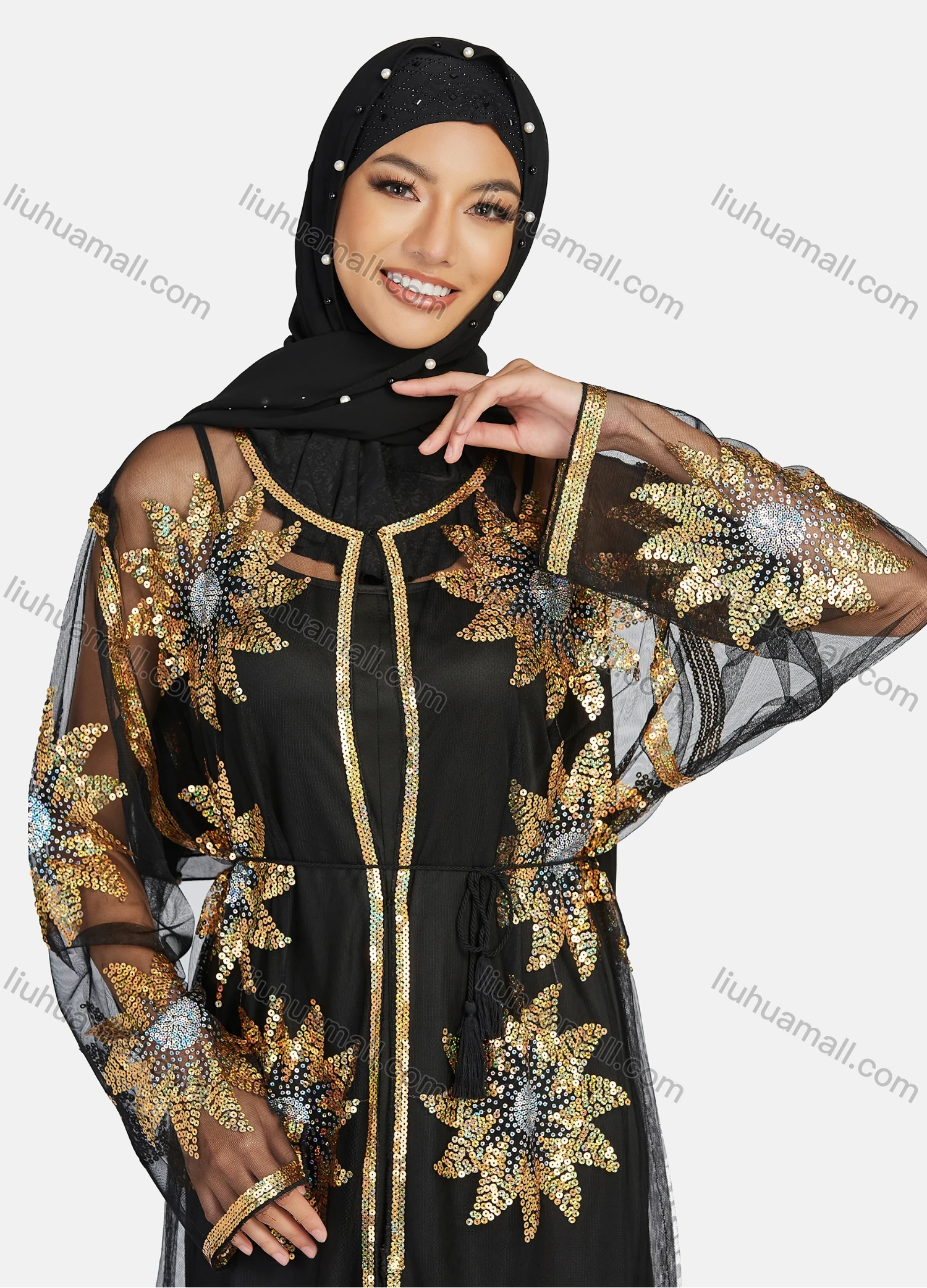 Wholesale Women's Islamic Muslim Floral Sequin Self Tie Maxi Kimono Cover Up Dress - Liuhuamall