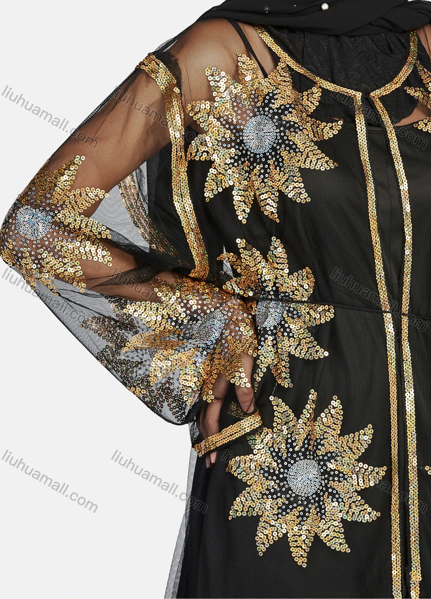 Wholesale Women's Islamic Muslim Floral Sequin Self Tie Maxi Kimono Cover Up Dress - Liuhuamall