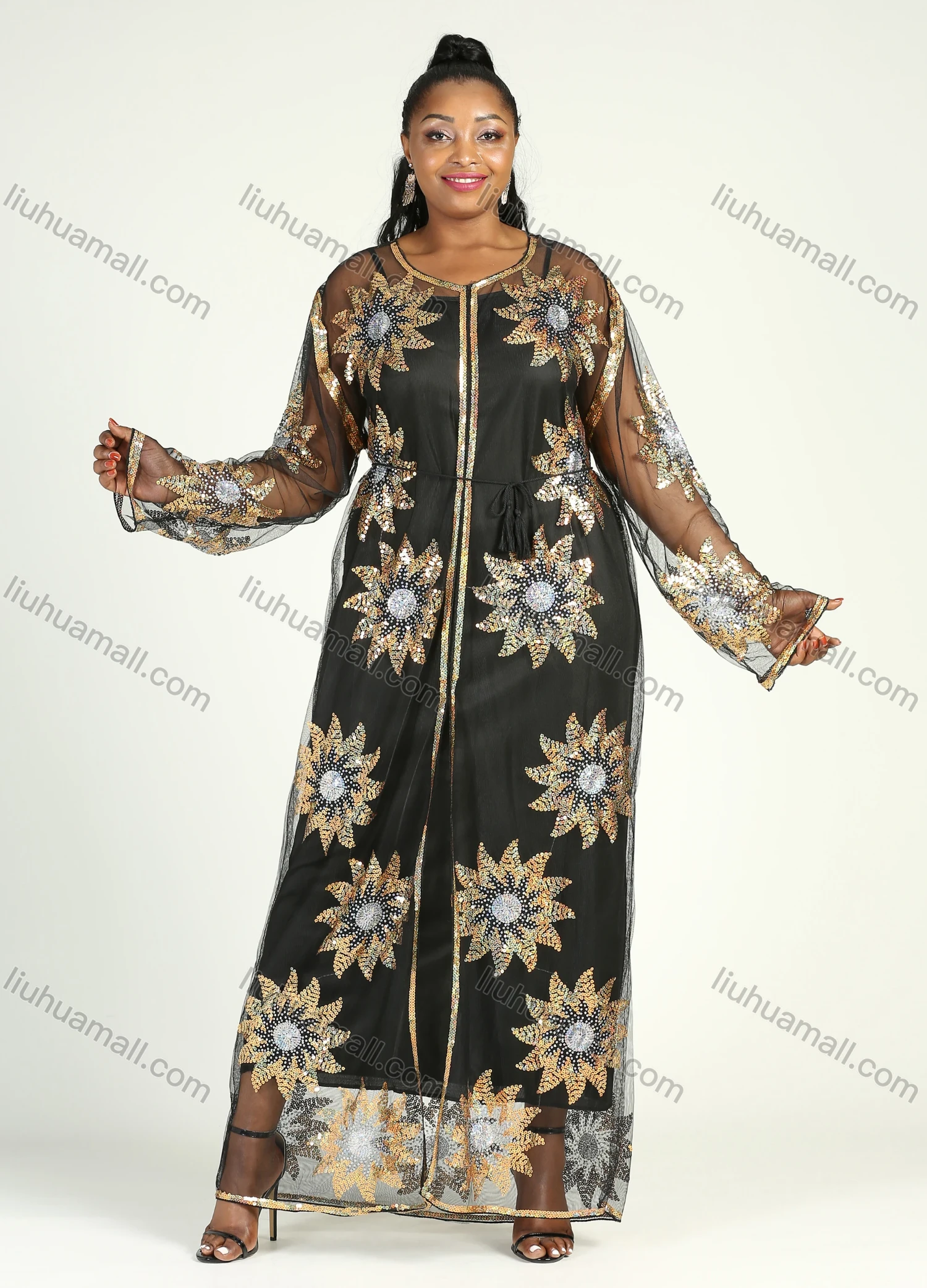 Wholesale Women's Islamic Muslim Floral Sequin Self Tie Maxi Kimono Cover Up Dress - Liuhuamall