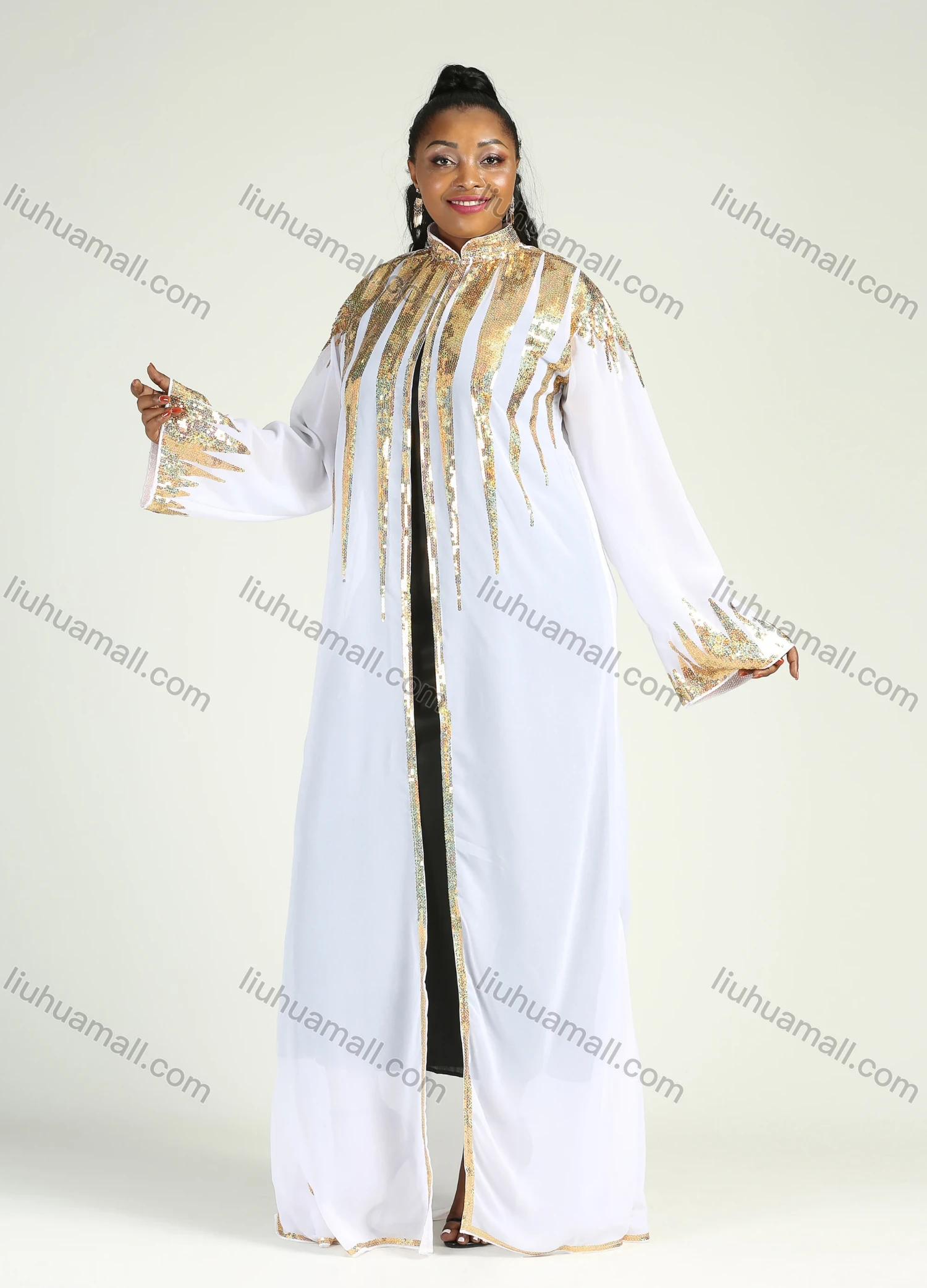 Wholesale Women's Muslim Stand Collar Long Sleeve Sequin Glitter Maxi Kimono Cover Up Cardigan - Liuhuamall