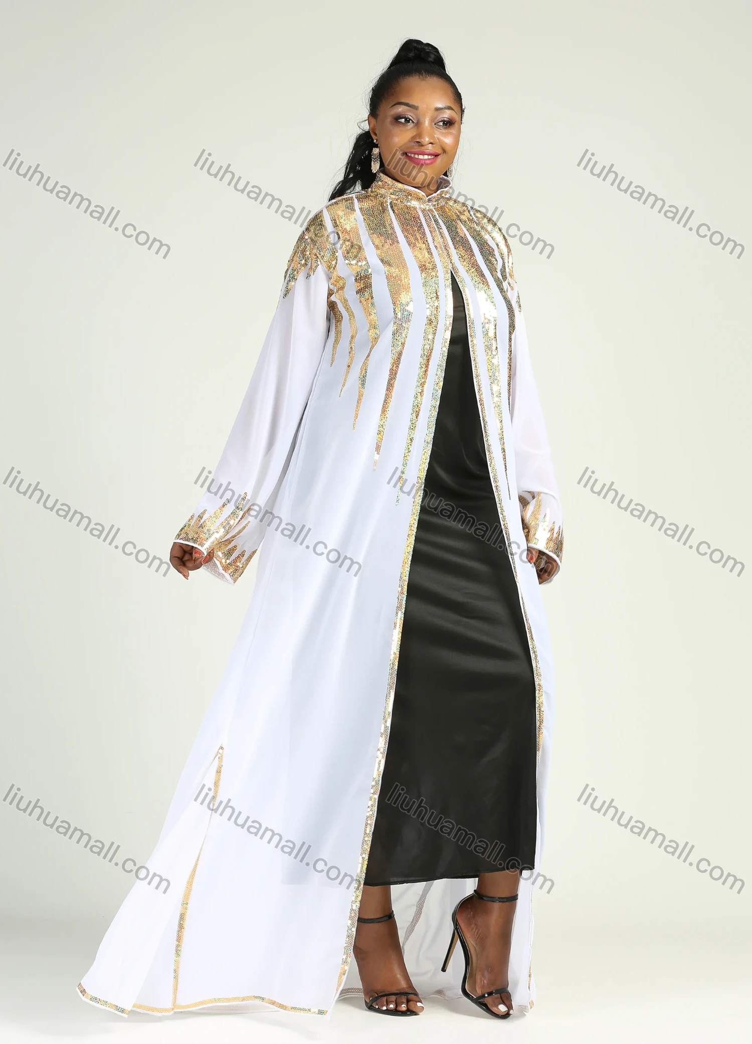Wholesale Women's Muslim Stand Collar Long Sleeve Sequin Glitter Maxi Kimono Cover Up Cardigan - Liuhuamall